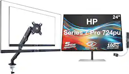 HP - Series 7 Pro 724pu 24" WUXGA IPS Monitor, Anti-Glare, HDMI (8Y2F7AA#ABA) w/DKZ Hub & Ergoflexy Single Mount Arm - Black/Silver