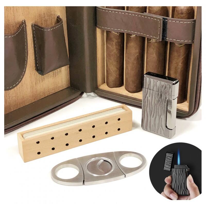 Left. Prestige - Manhattan Travel Humidor (Brown) - Brown Ostrich Motif Leather.