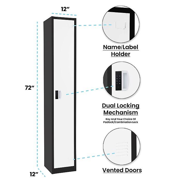 12" Name/Label Holder
72" Dual Locking Mechanism Key And Your Choice Of Padlock/Combination Lock
12" Vented Doors