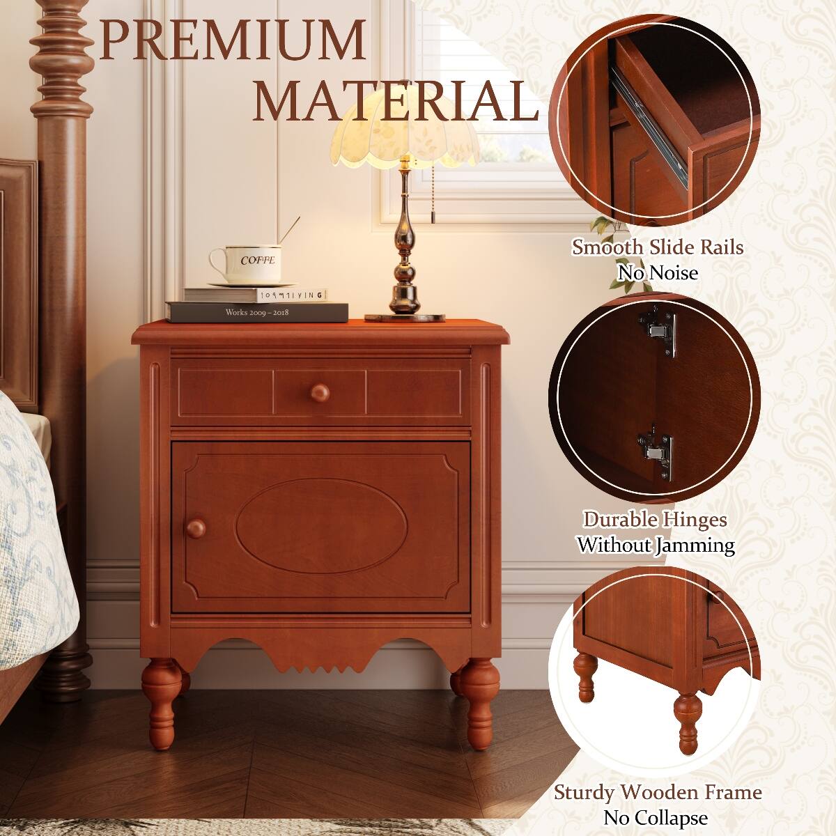 PREMIUM MATERIAL

COFFEE

Smooth Slide Rails No Noise

Works 2009-2018

Durable Hinges Without Jamming

Sturdy Wooden Frame No Collapse