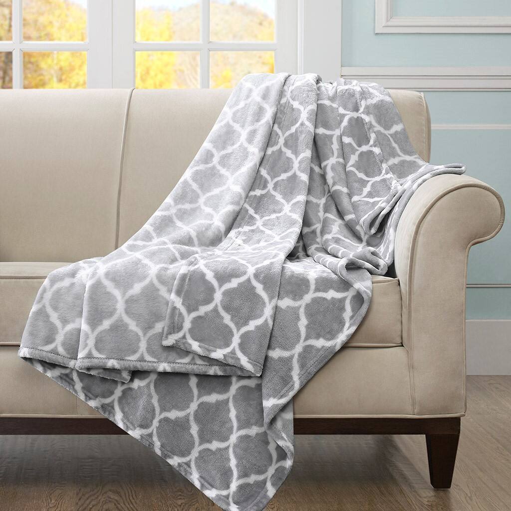 Alt View 1. Gracie Mills - Gracie Mills Graig Modern Ogee Print Microlight Oversized Plush Throw Blanket - Grey.