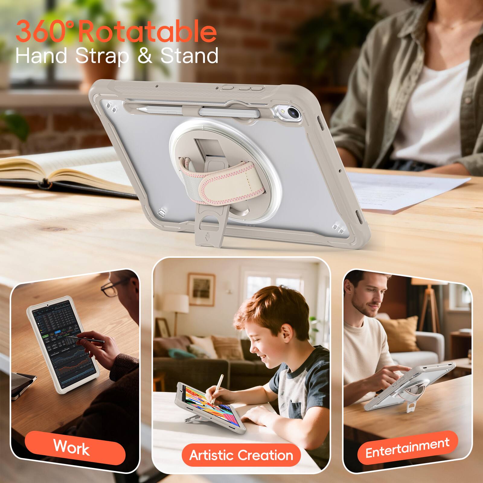360° Rotatable Hand Strap & Stand

Work  
Artistic Creation  
Entertainment