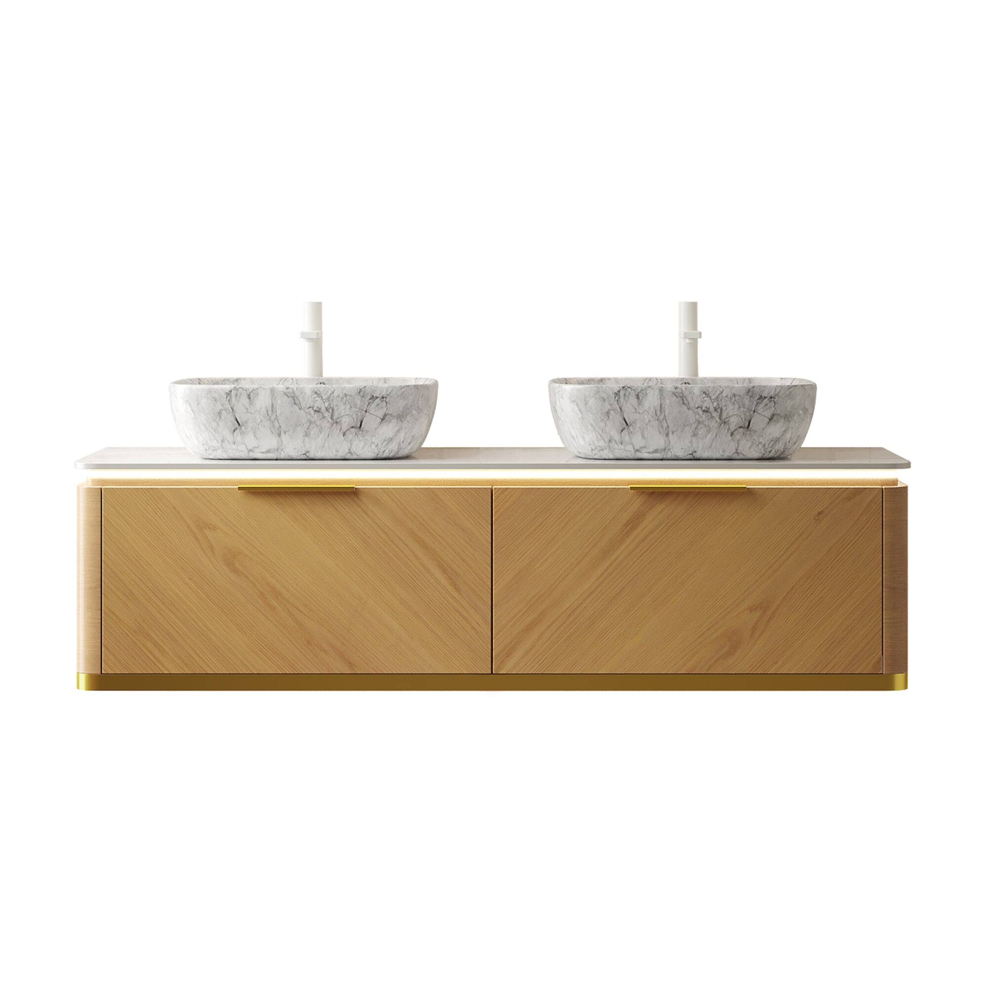 Alt View 4. Boyel Living - 60 Bathroom Vanity with 2 Drawers Sensor Light 2 Marble Pattern Ceramic Vessel Basins Sintered Stone Espresso - Carrara White,Espresso,Stone White.