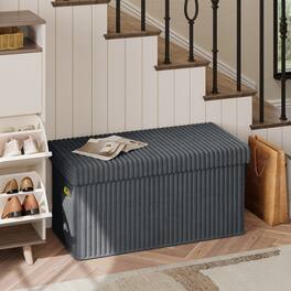 Pinmoco - Pinmoco- Corduroy Ottoman Plush Foldable Bench with Free Cozy Blanket - Dark Gray