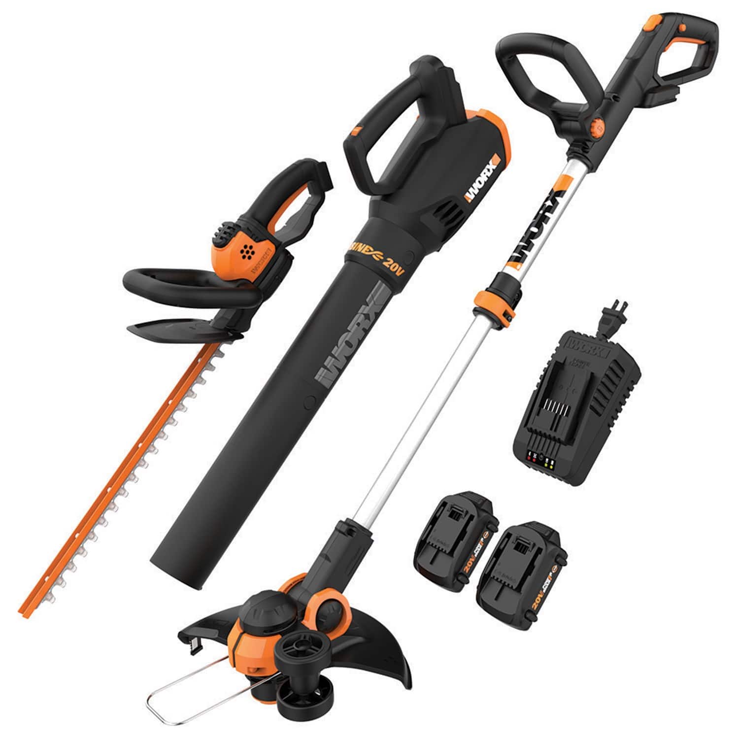 Front. WORX - 20V Cordless Grass Trimmer, Hedge Trimmer, and Leaf Blower Combo Kit (2 x 2.0 Ah Batteries & 1 x Charger) - Black.