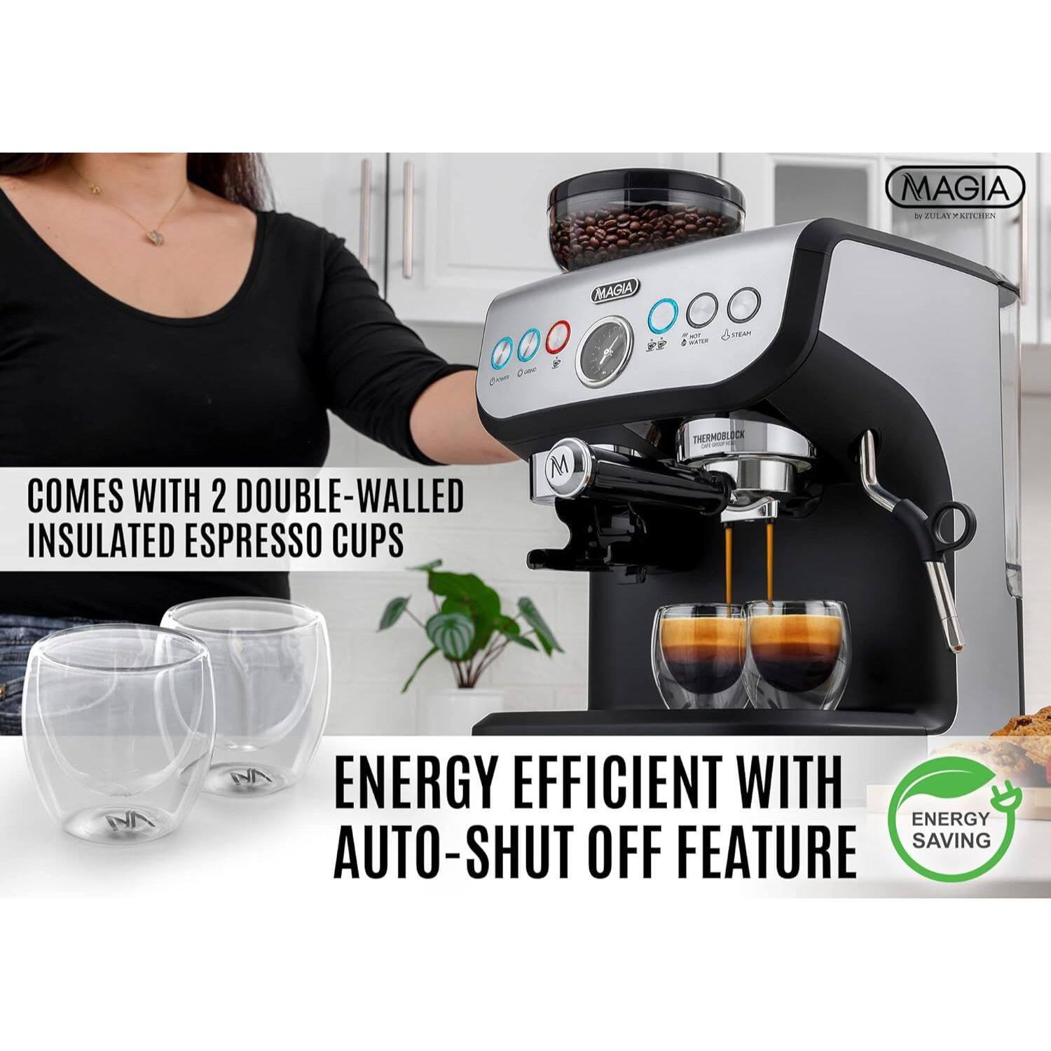 MAGIA by ZULAY KITCHEN, COMES WITH 2 DOUBLE-WALLED INSULATED ESPRESSO CUPS, ENERGY EFFICIENT WITH AUTO-SHUT OFF FEATURE