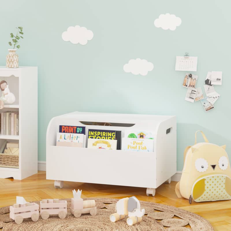 HTUTWOO - Kids Wooden Bookshelf with Universal Wheels & Safety Hinge Flip-Top Storage Chest, for Playroom Bedroom - White