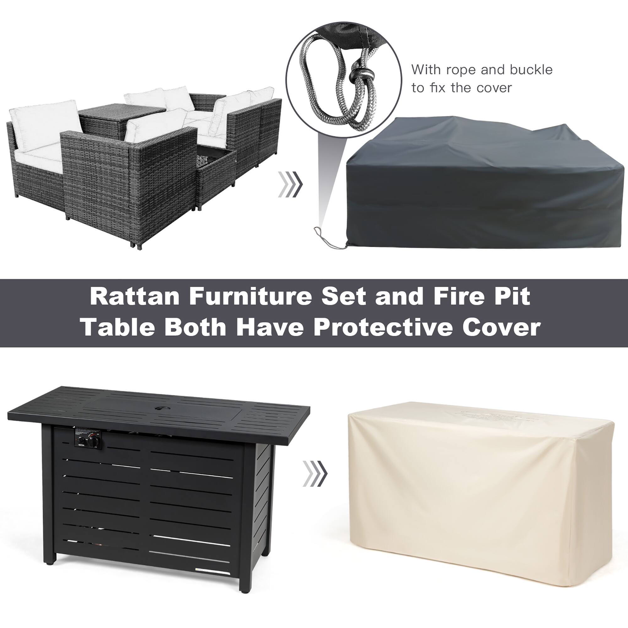 With rope and buckle to fix the cover, Rattan Furniture Set and Fire Pit Table Both Have Protective Cover