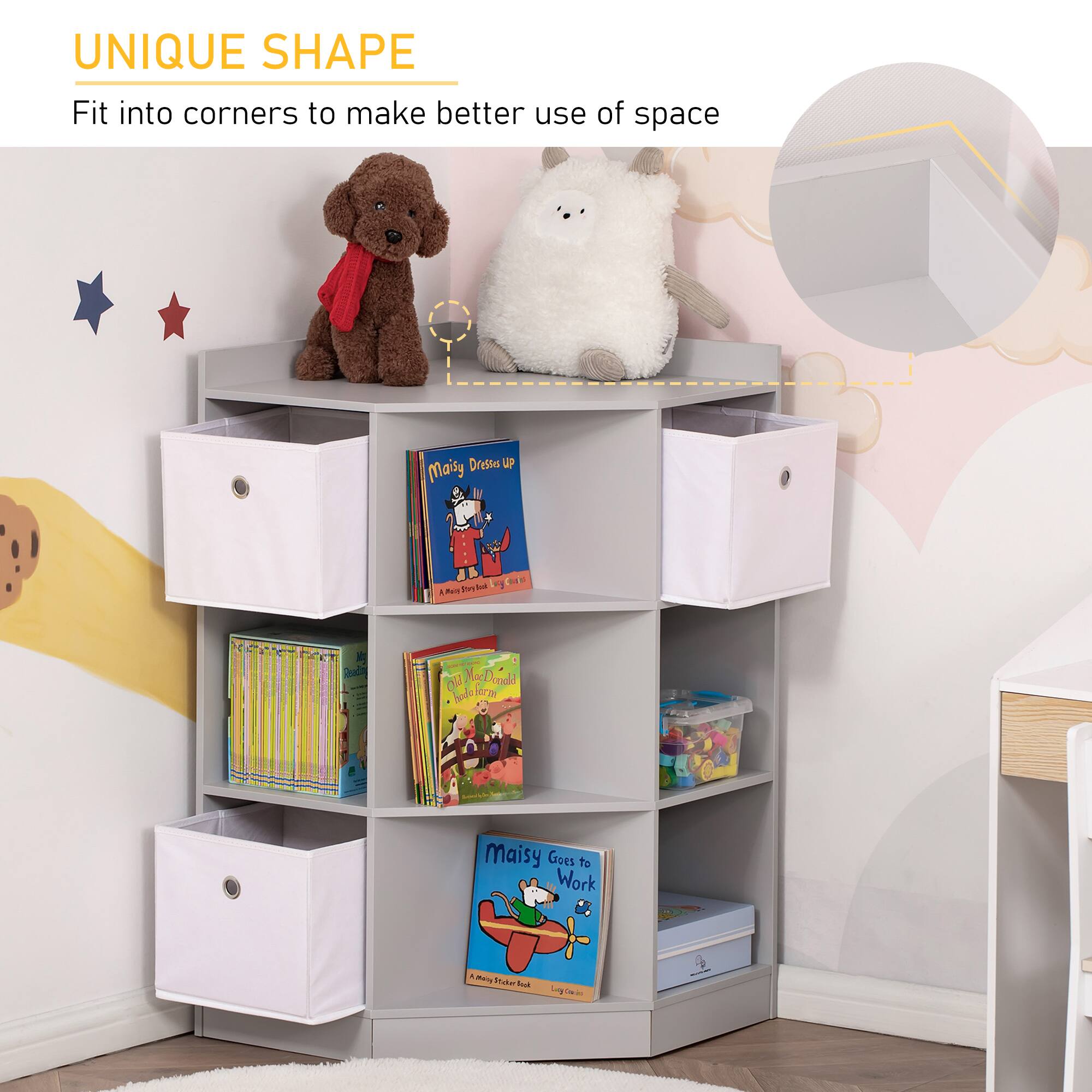 Back. Homcom - Kids Corner Cabinet, Cubby Toy Storage Organizer, Bookshelf Unit with Three Baskets for Playroom, Bedroom, Living Room - Grey.