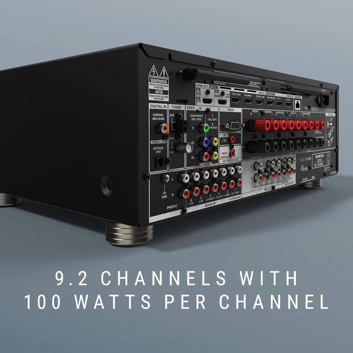 WARNING HOMI OUT HOCF23 K AVIS SUB MAN K ZONE DIGITAL IN TUNER VIDEO IN COAXIAL AM COMPONENT - BO/OVDI 180 DVD) COUSAT 1 Y THE AIC. wit SISSA 200 FROM CENTER DISDRIUT OPTICAL (TV) FM NO 19 Pr TRIGGER OUT ONKYO 10 R GND PHONO 2 J 4 aw 5 SORDO 6 CO (WT) AUDIO IN 1 9.2 CHANNELS WITH 100 WATTS PER CHANNEL