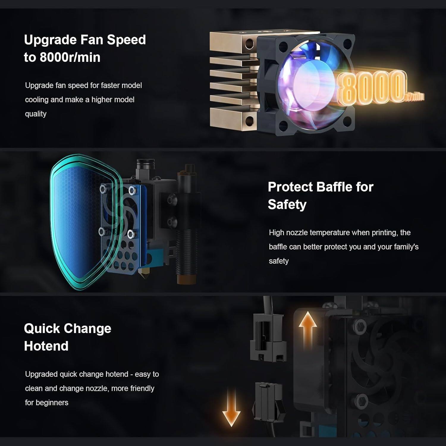 Upgrade Fan Speed to 8000r/min  
Upgrade fan speed for faster model cooling and make a higher model quality  

Protect Baffle for Safety  
High nozzle temperature when printing, the baffle can better protect you and your family's safety  

Quick Change Hotend  
Upgraded quick change hotend - easy to clean and change nozzle, more friendly for beginners