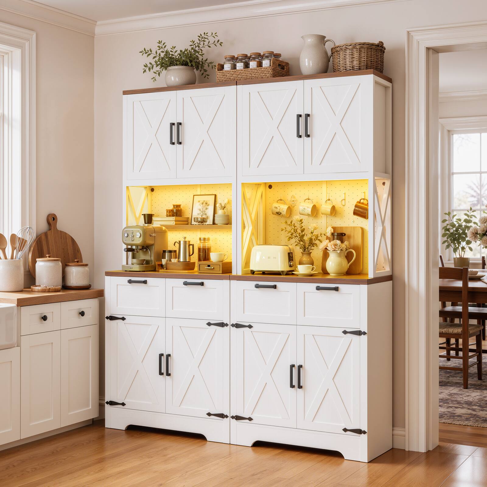Alt View 4. Aheaplus - 71'' Tall Kitchen Pantry Storage Cabinet: with 2 Drawers, Charging Station, and LED Lights, 2 Packs - White & Rustic.