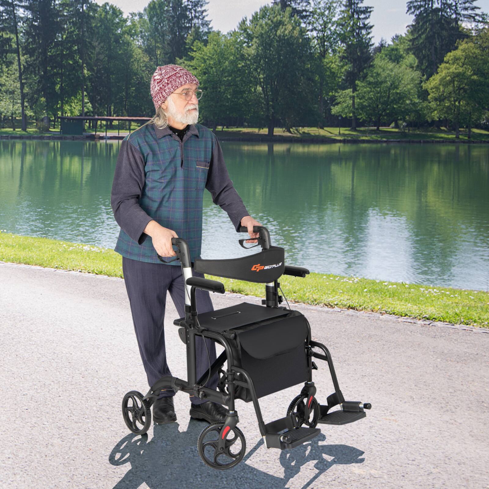 Alt View 2. Costway - Costway Folding Rollator Walker with Seat & 8" Wheels Supports up to 300 lbs Black - Black.