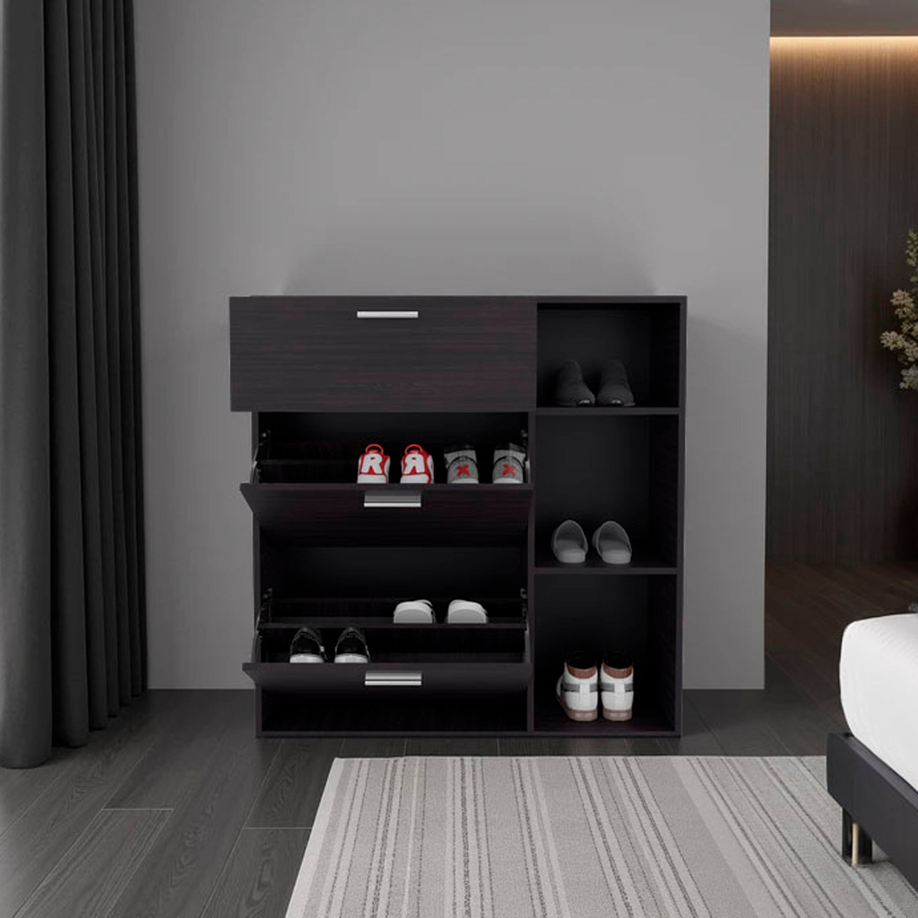 Angle. TinyHomie - Sierra Shoe Storage Cabinet 2 Tilt-Out Drawers 1 Top Drawer 3 Open Side Shelves Vertical Design - Wenge.