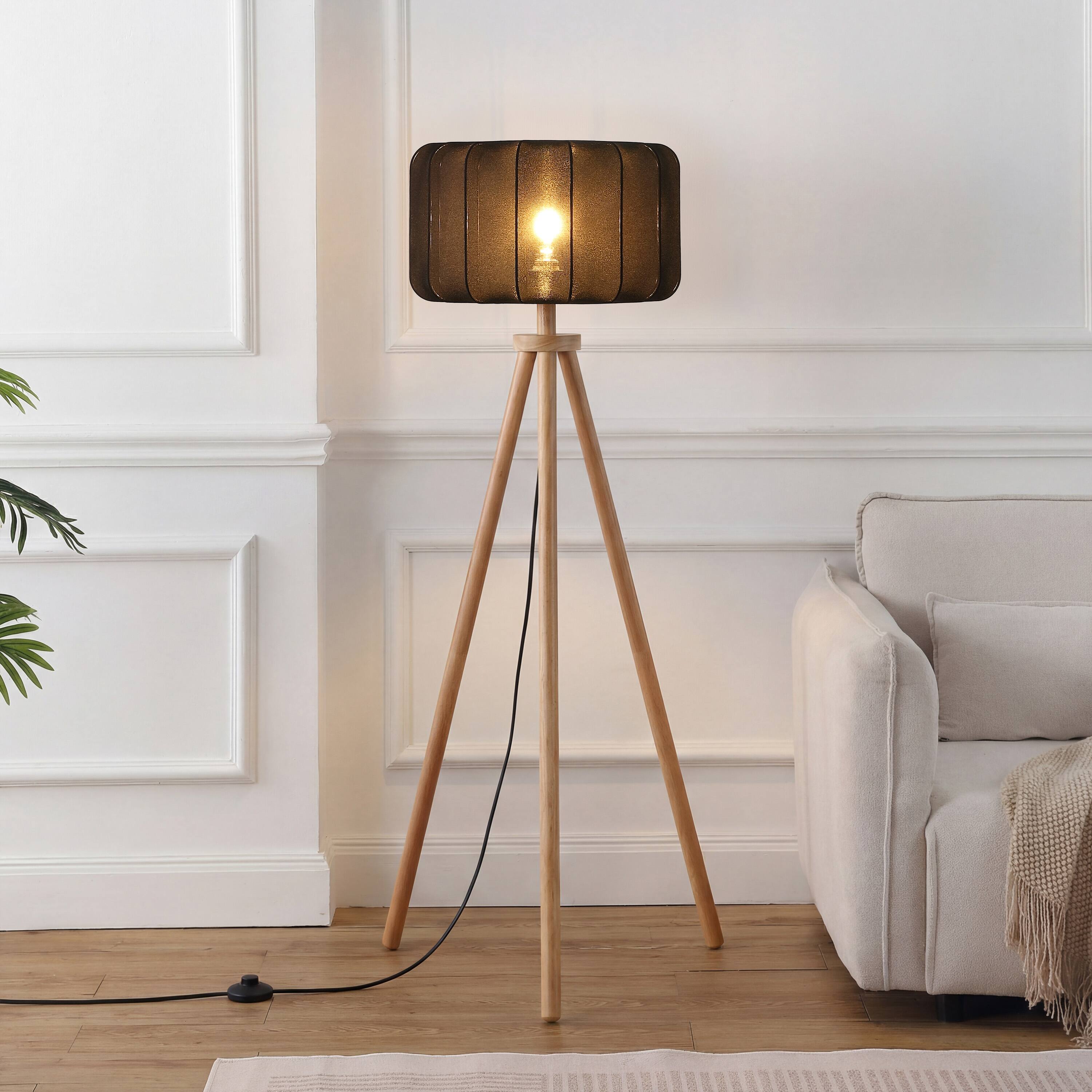 Alt View 1. Jonathan Y - Adriel 52" Mid-Century Modern Tripod Wood with Ribbed Cocoon Pumpkin Shade LED Floor Lamp, Black/Light Brown - Light Brown Wood.