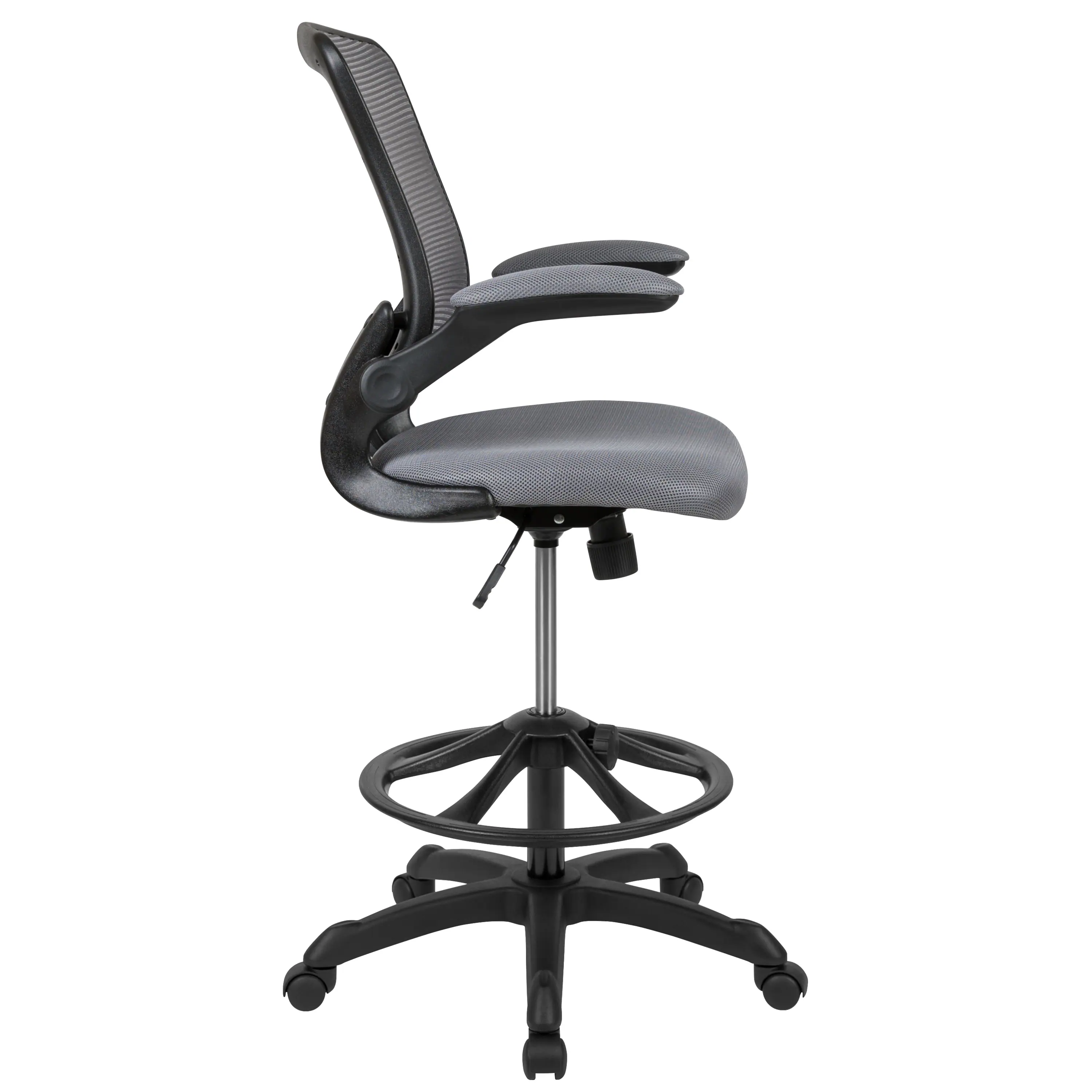 Alt View 6. Emma + Oliver - Mid-Back Mesh Ergonomic Drafting Chair with Foot Ring and Flip-Up Arms - Dark Gray.