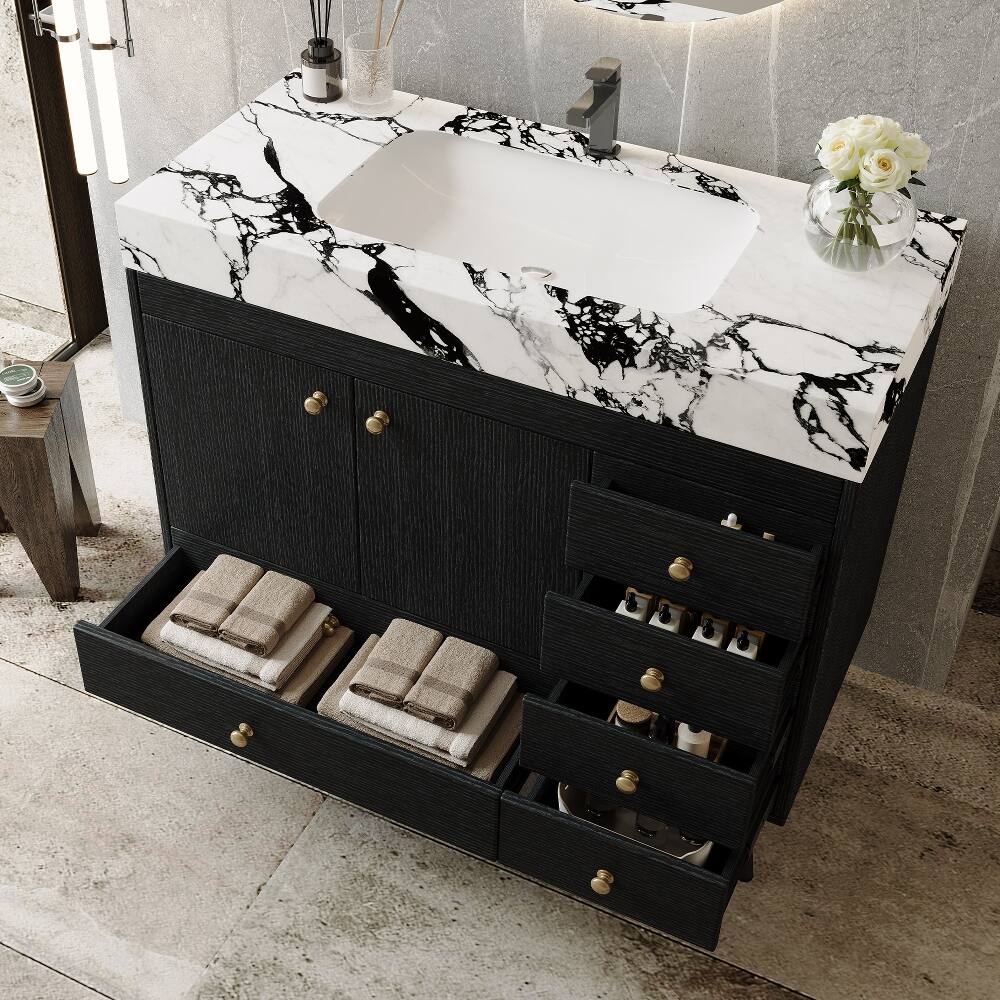 Alt View 2. Loheer - Loheer 36 inch freestanding bathroom vanity black and gold modern vanity faux marble top - Black, Gold, White.