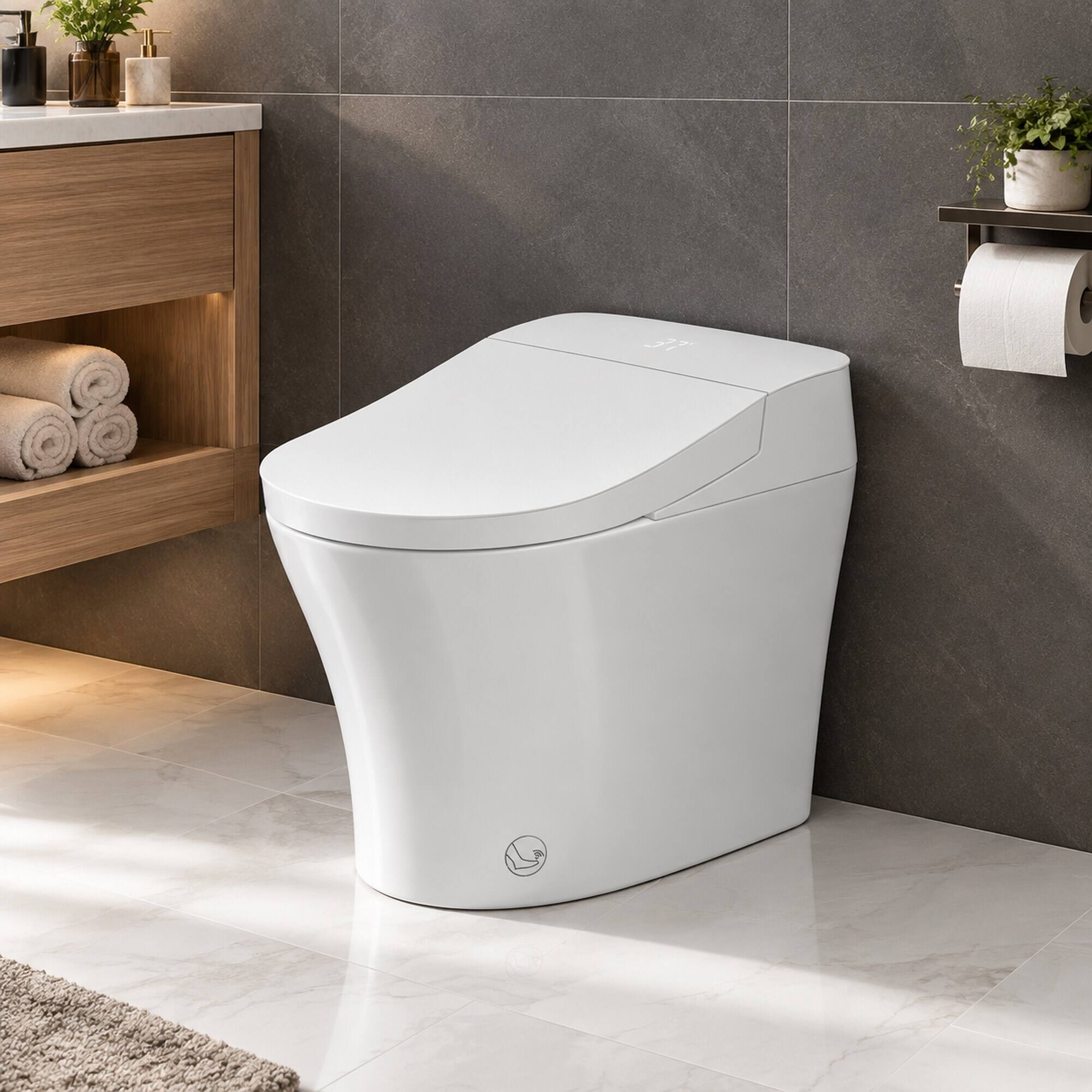 Back. RYHNUYNE - One Piece Elongated Smart Bidet Toilet, Built-in Tank Instant Warm Water Heated Seat Power Outage Flush Child Mode - Milk White.