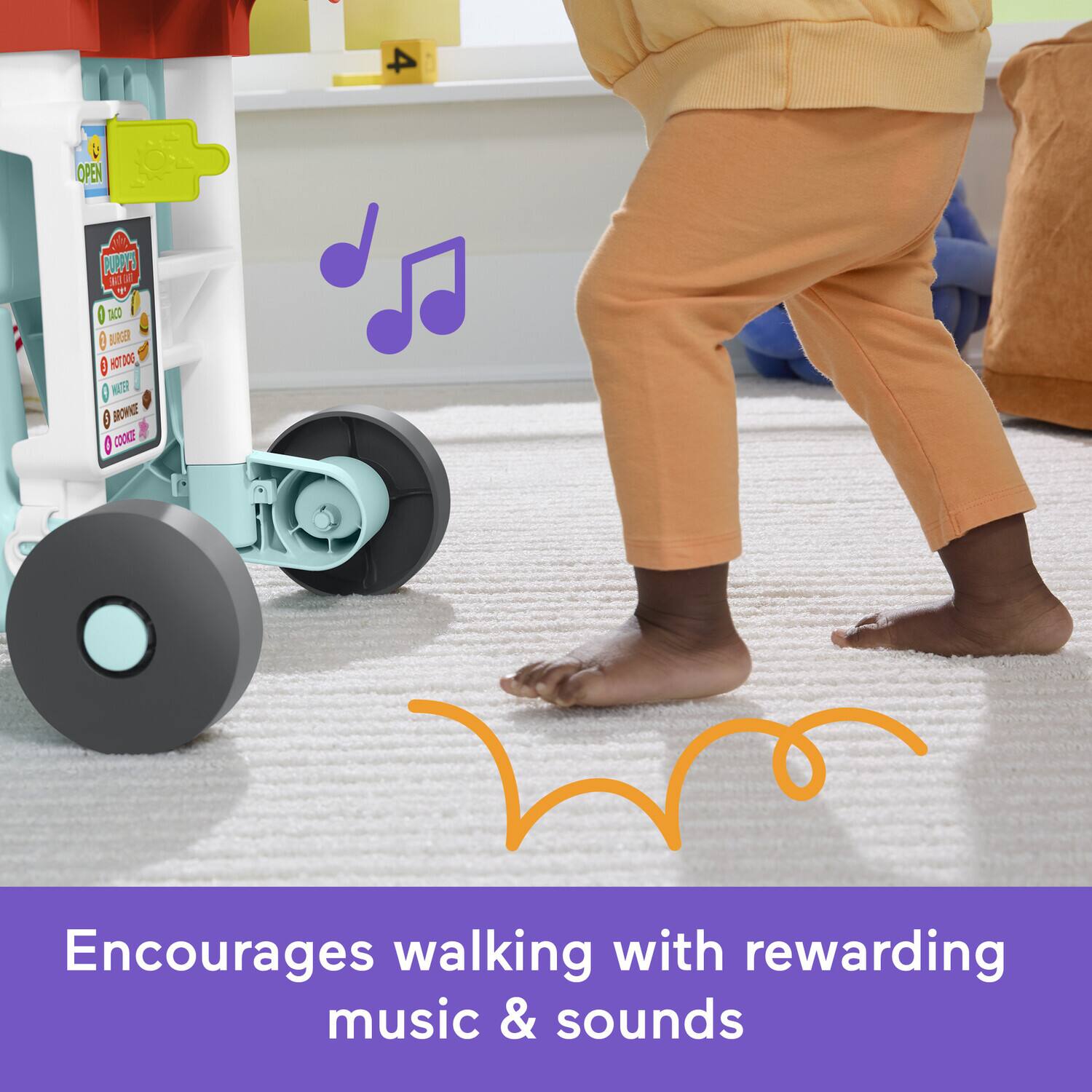 Encourages walking with rewarding music & sounds