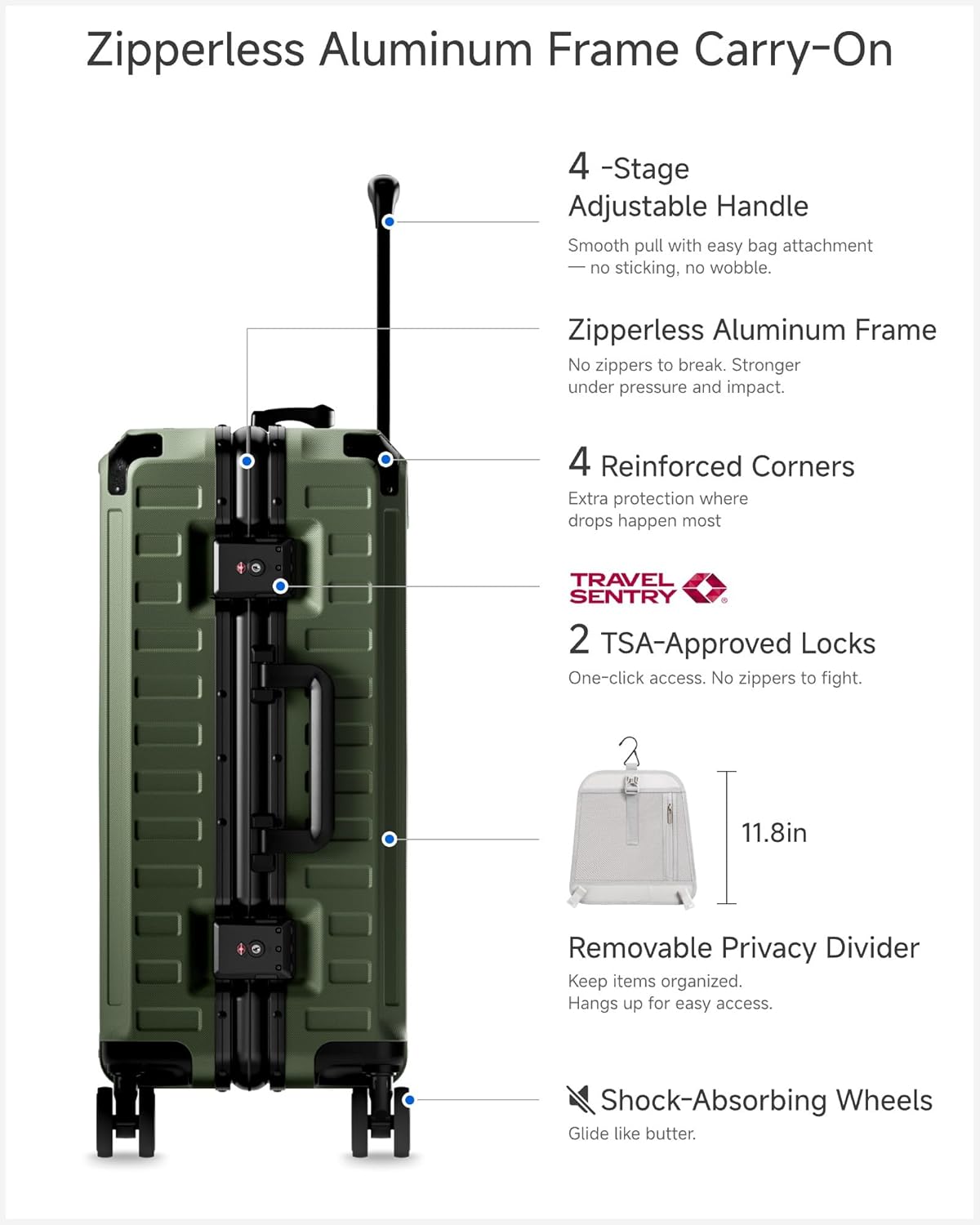 Zipperless Aluminum Frame Carry-On

4-Stage Adjustable Handle
Smooth pull with easy bag attachment - no sticking, no wobble.

Zipperless Aluminum Frame
No zippers to break. Stronger under pressure and impact.

4 Reinforced Corners
Extra protection where drops happen most

TRAVEL SENTRY
2 TSA-Approved Locks
One-click access. No zippers to fight.

11.8in Removable Privacy Divider
Keep items organized. Hangs up for easy access.

Shock-Absorbing Wheels
Glide like butter.