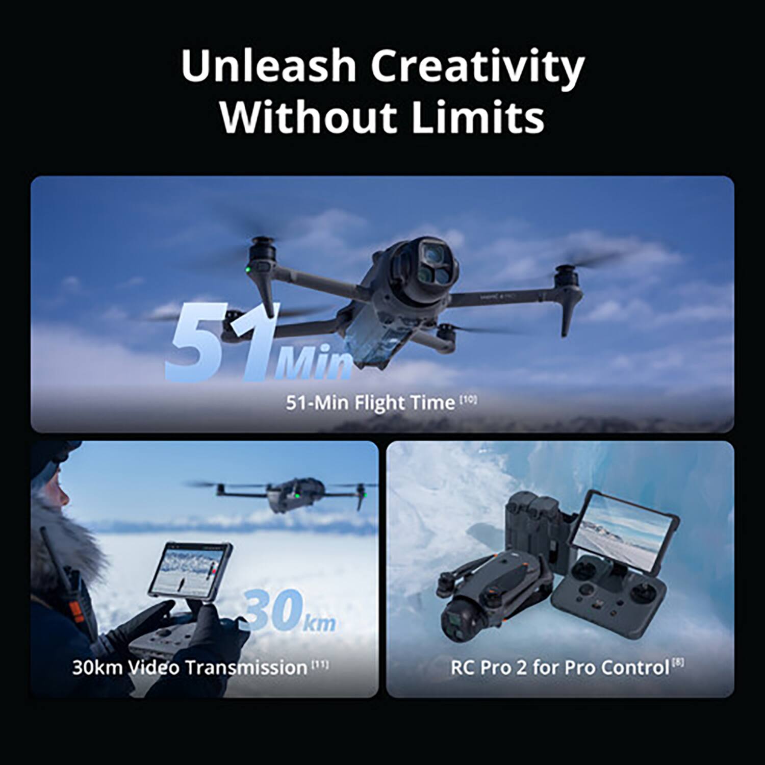 Unleash Creativity Without Limits

51-Min Flight Time [10]

30km Video Transmission [11]

RC Pro 2 for Pro Control [8]