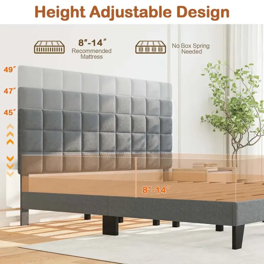 The image features a bed with a height adjustable design that can accommodate mattresses between 8" and 14" in height. The bed is designed to work without a box spring, making it a convenient and space-saving option for those looking for a minimalist sleeping solution. The bed's dimensions are 49" in width, 47" in height, and 45" in depth, making it suitable for various room layouts and preferences.