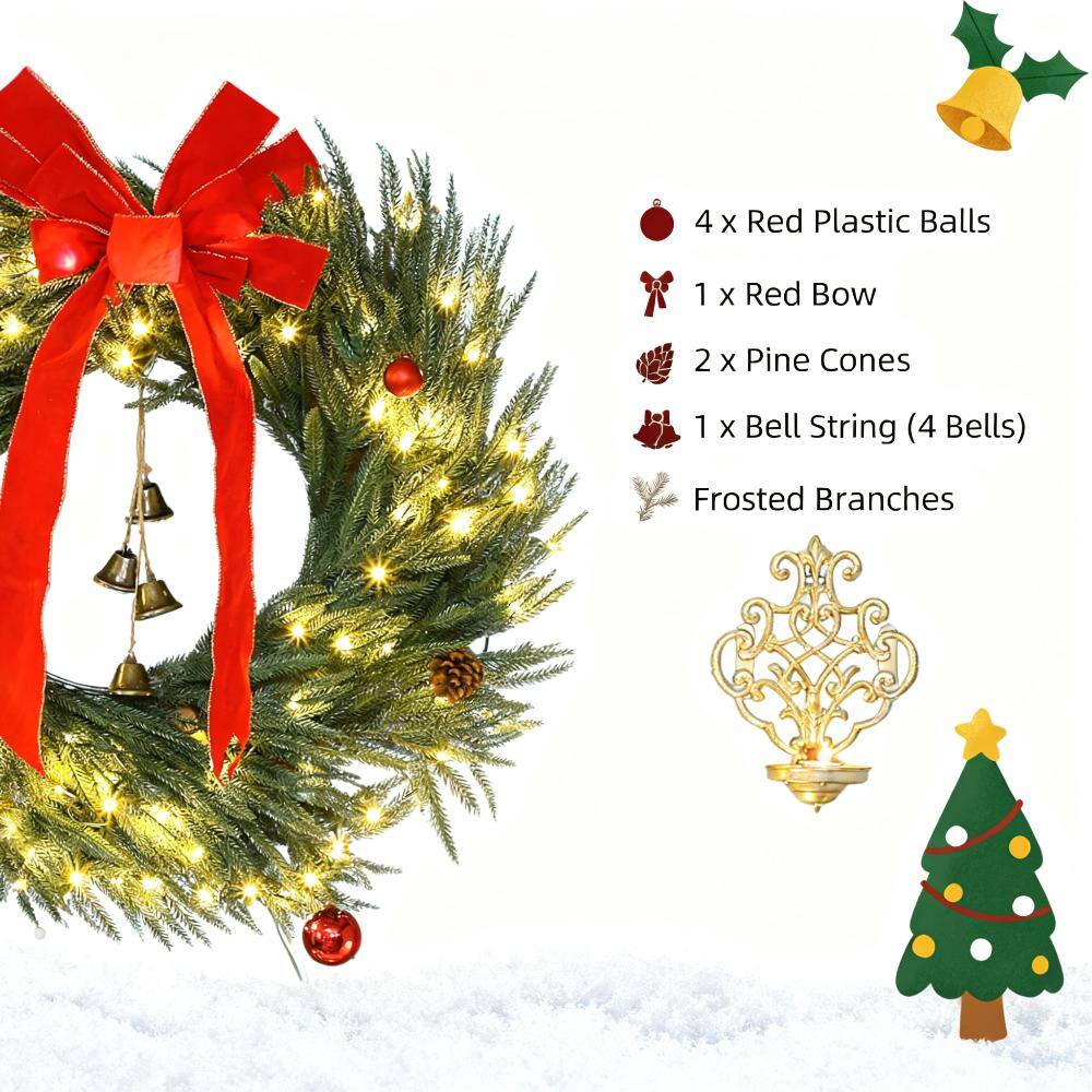 4 x Red Plastic Balls  
1 x Red Bow  
2 x Pine Cones  
1 x Bell String (4 Bells)  
Frosted Branches