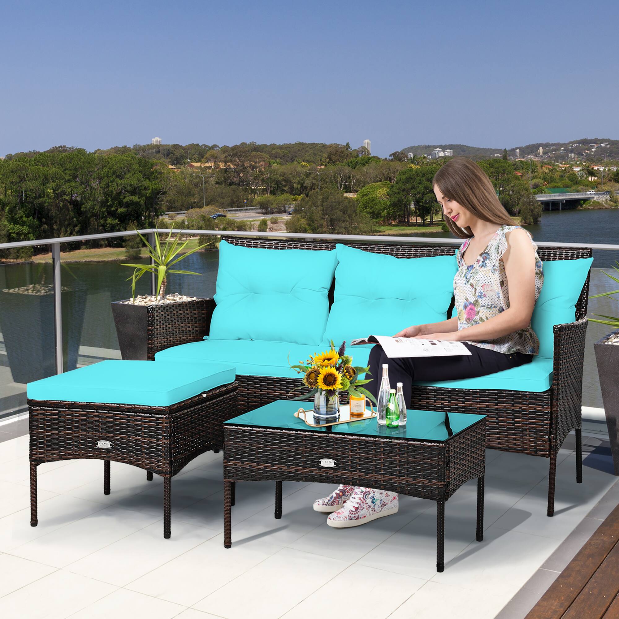 Alt View 3. Costway - Costway 3PCS Patio Rattan Furniture Set 3-Seat Sofa Cushioned Table - Turquoise.