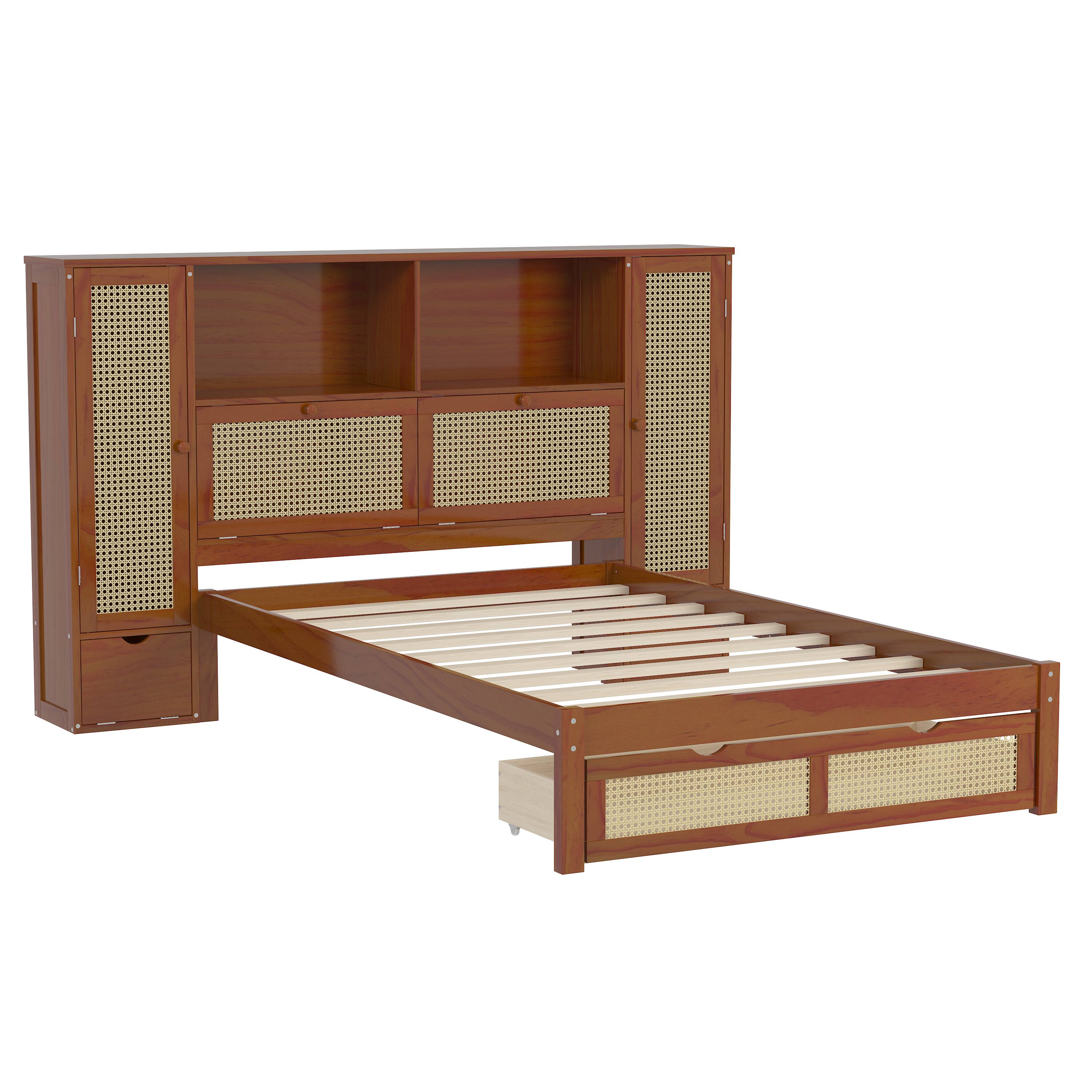 Alt View 1. Tiramisubest - Twin Size Wooden Multifunctional Platform Bed with Two Storage Lockers, Drawer, and Storage Shelf on Headboard - Walnut.