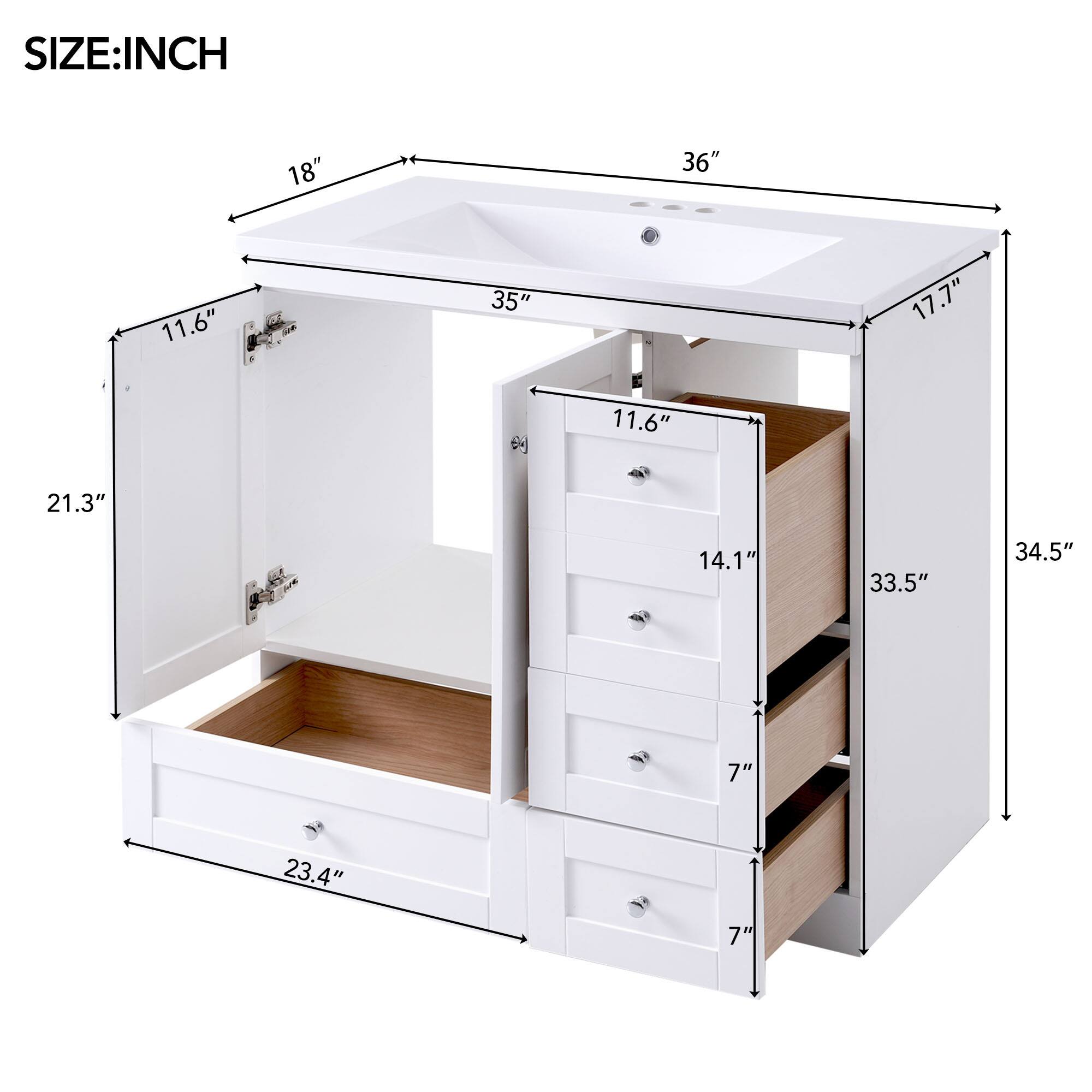 SIZE: INCH

- 36" (Width)
- 18" (Depth)
- 35" (Height)
- 21.3" (Depth of cabinet)
- 11.6" (Height of top shelf)
- 11.6" (Height of middle shelf)
- 23.4" (Depth of bottom shelf)
- 34.5" (Height of drawer section)
- 33.5" (Width of drawer section)
- 14.1" (Height of drawers)
- 7" (Height of each drawer)
- 17.7" (Depth of drawer section)
