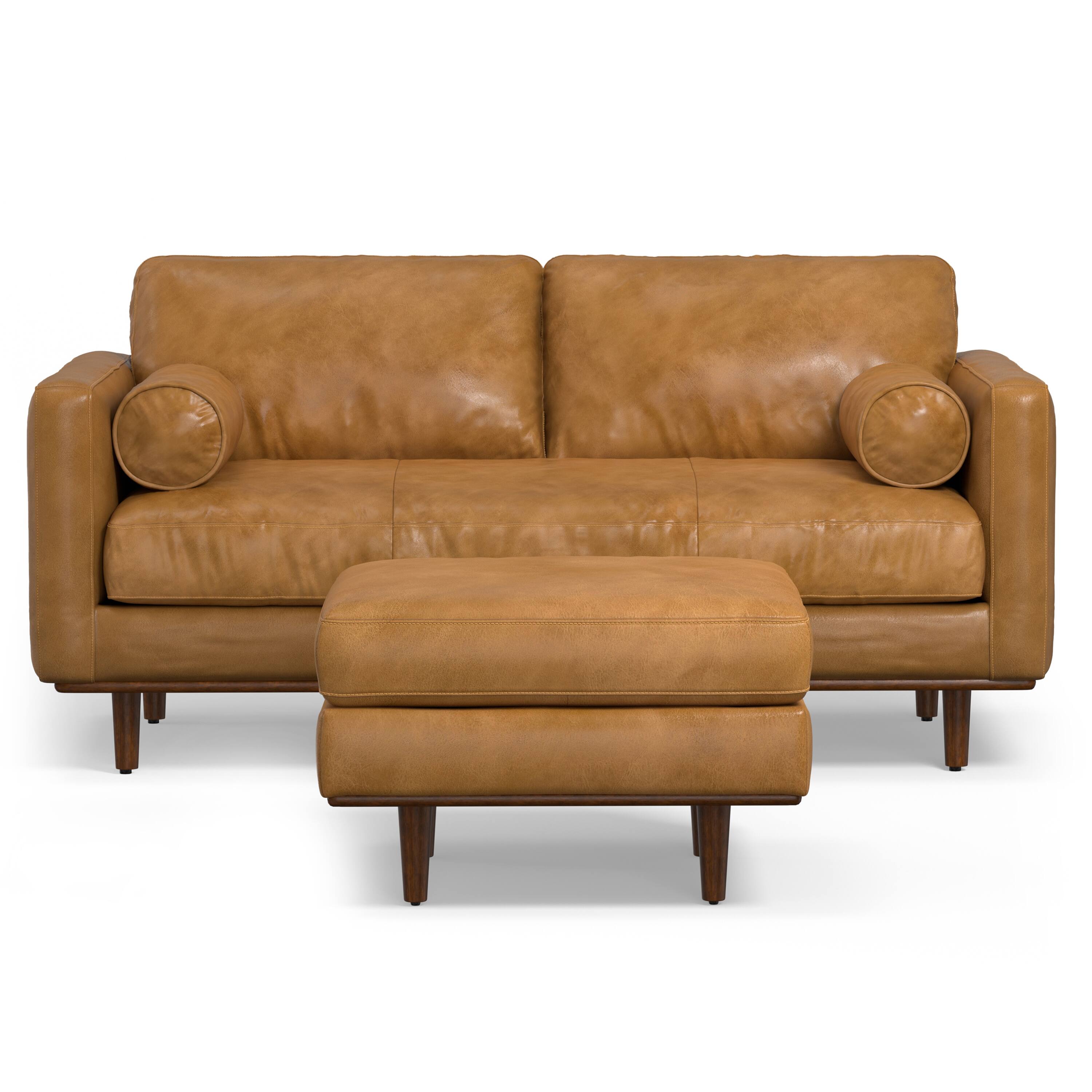 Left. Simpli Home - Morrison Mid-Century Modern 72 inch Wide Sofa with Ottoman Set in Sienna Genuine Leather - Sienna.