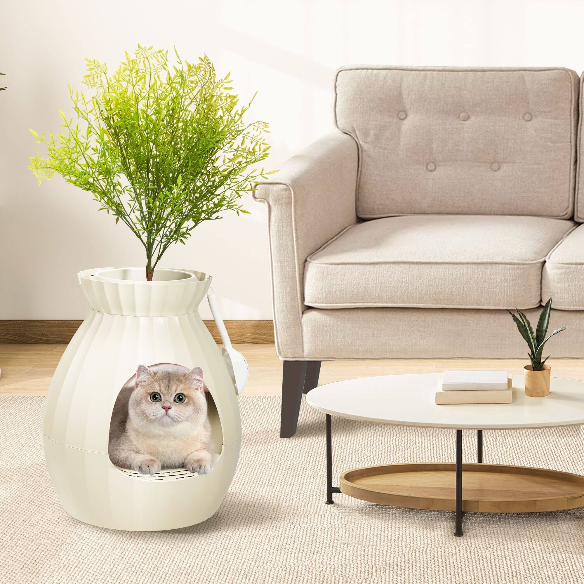 Alt View 5. U-HOMY - Modern Hidden Cat Litter Box Furniture, Decorative Planter Cat Enclosure with Odor Filter & Optional LED Lights - Beige - No LED.