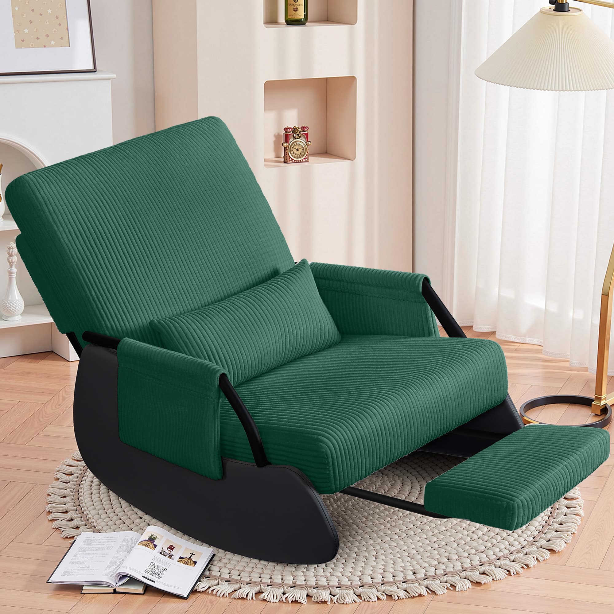 Brick Attic - Rocking Chair Nursery, Low-Seat Glider Chair, Upholstered Rocking Chair Recliner with Side Pocket and Foot Rest - Green