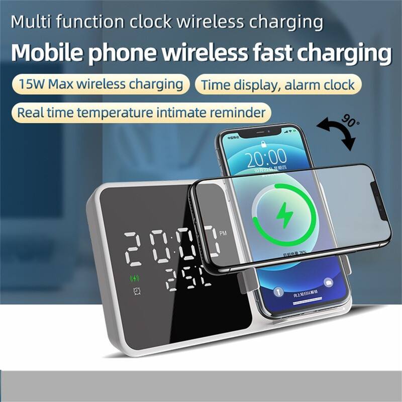 Multi function clock wireless charging  
Mobile phone wireless fast charging  
15W Max wireless charging  
Time display, alarm clock  
Real time temperature intimate reminder
