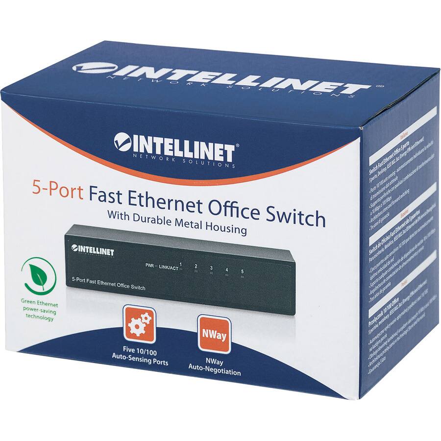 INTELLINET NETWORK SOLUTIONS  
5-Port Fast Ethernet Office Switch  
With Durable Metal Housing  

INTELLINET  
PWR LINK/ACT 1 2 3 4 5  

5-Port Fast Ethernet Office Switch  

Green Ethernet power-saving technology  
Five 10/100 Auto-Sensing Ports  
NWay Auto-Negotiation
