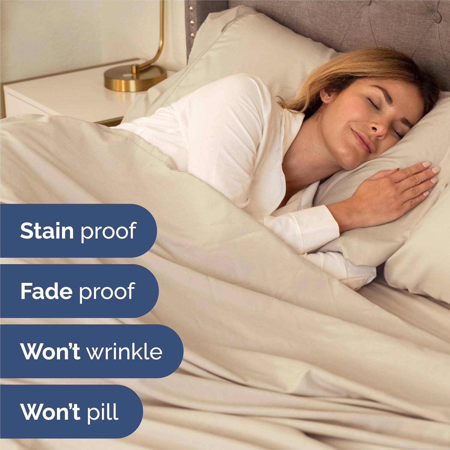 Stain proof  
Fade proof  
Won't wrinkle  
Won't pill