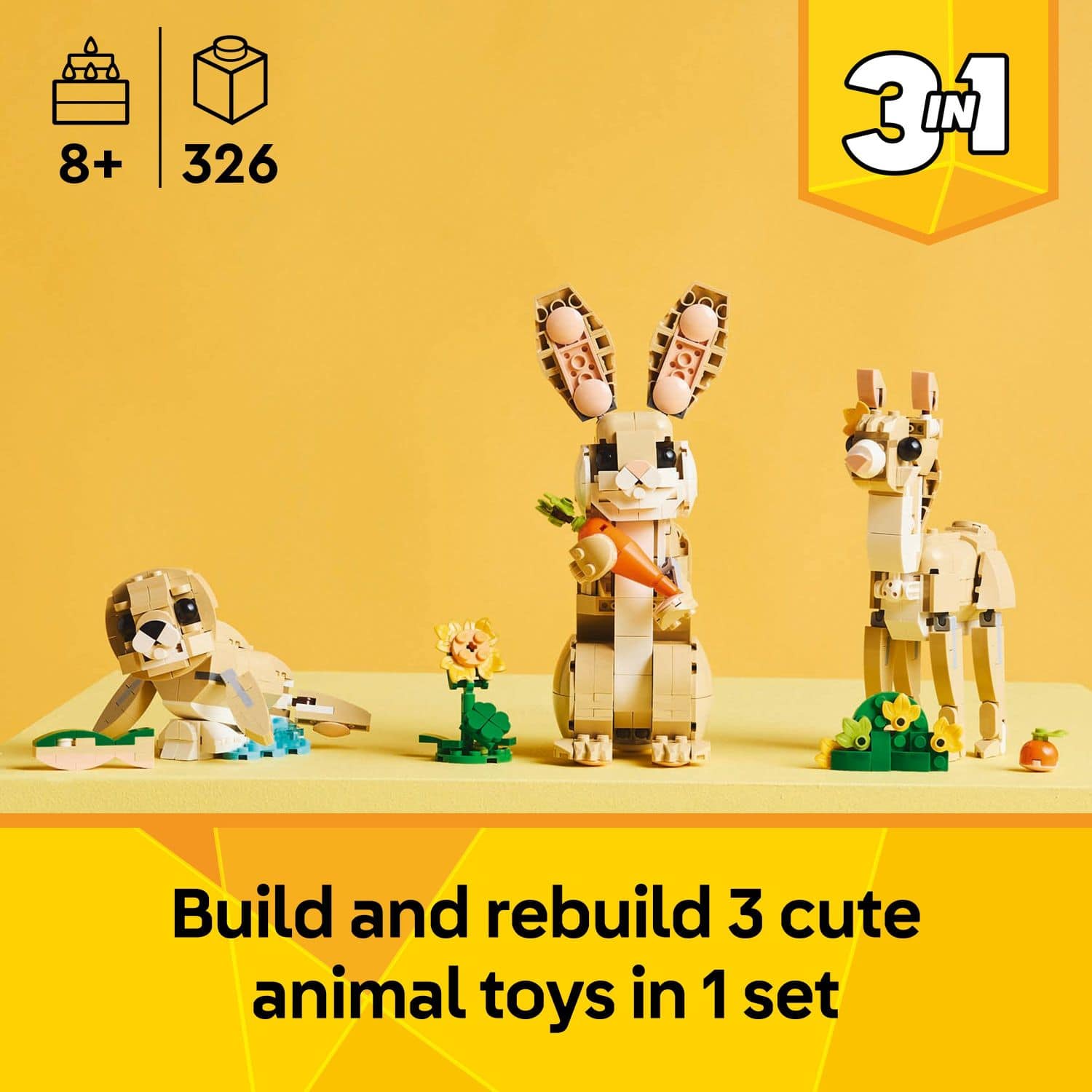 Build and rebuild 3 cute animal toys in 1 set.