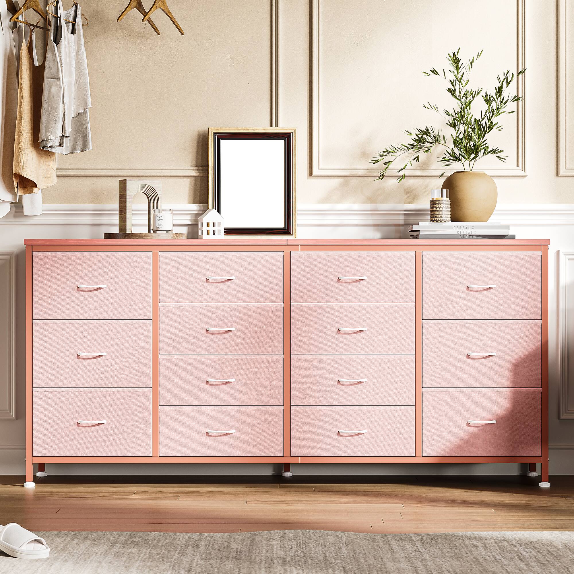 Alt View 2. TROPOW - 14 Drawer Dresser & TV Stand, with Power Outlet for 65 70 75 Inch TV, Long Entertainment Center for Home Room Decor - Pink.