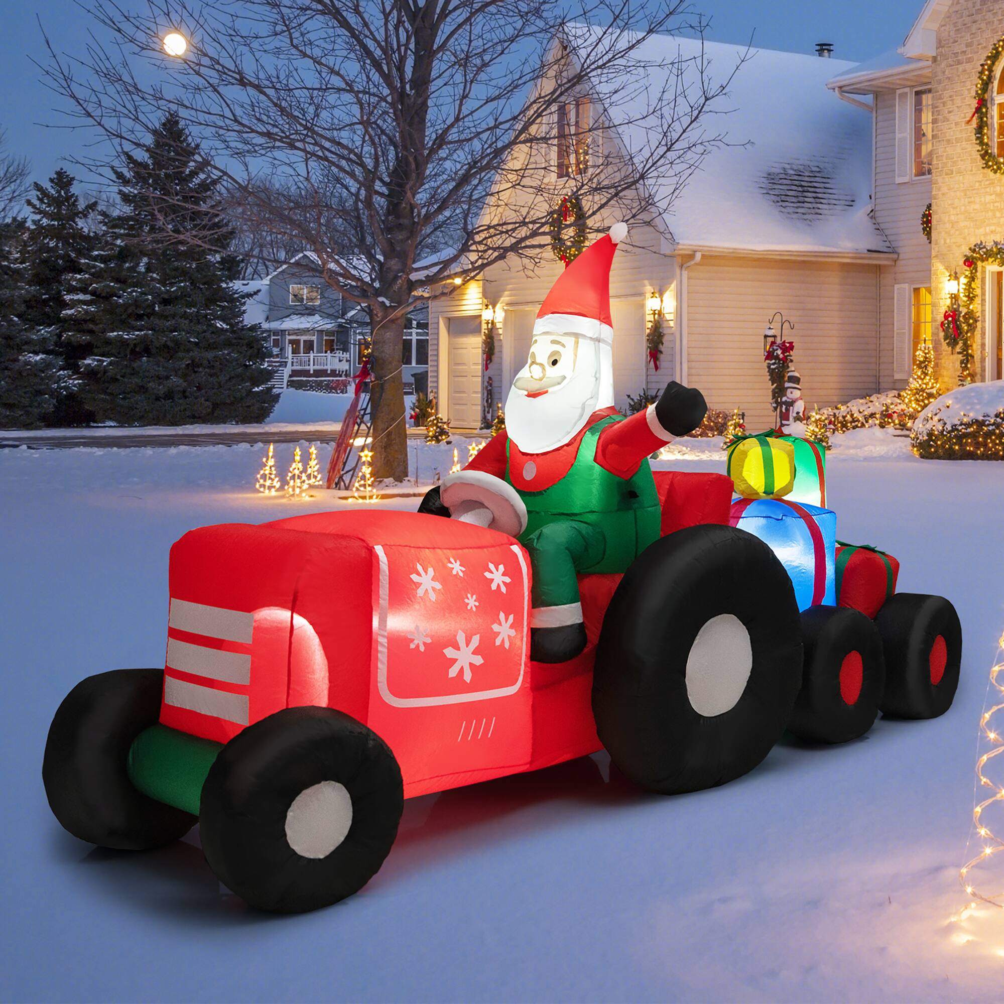 Alt View 3. Costway - 9 FT Long Christmas Inflatable Santa Claus Driving Tractor with Gifts Decoration - Multicolor.
