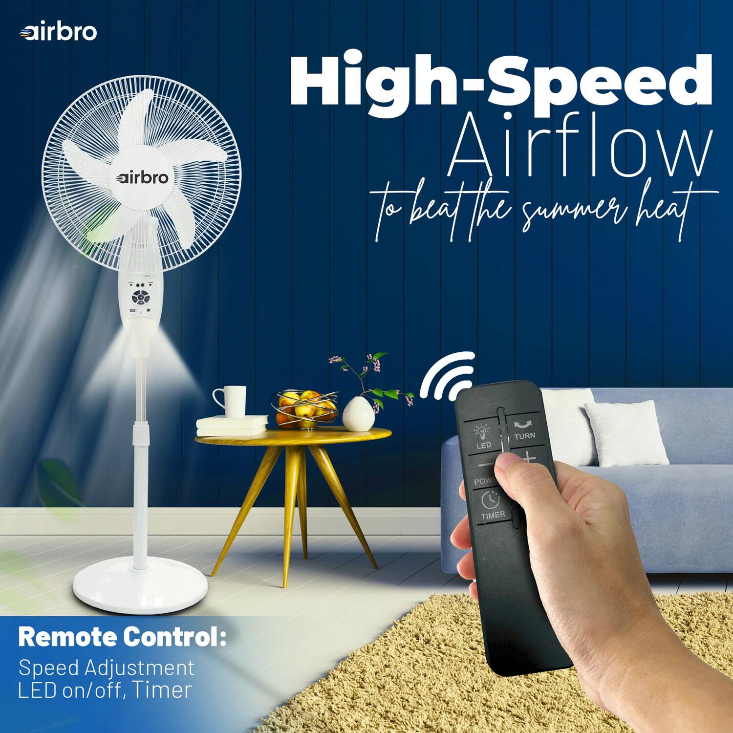 airbro High-Speed Airflow to beat the summer heat LED TURN POW TIMER Remote Control: Speed Adjustment LED on/off, Timer