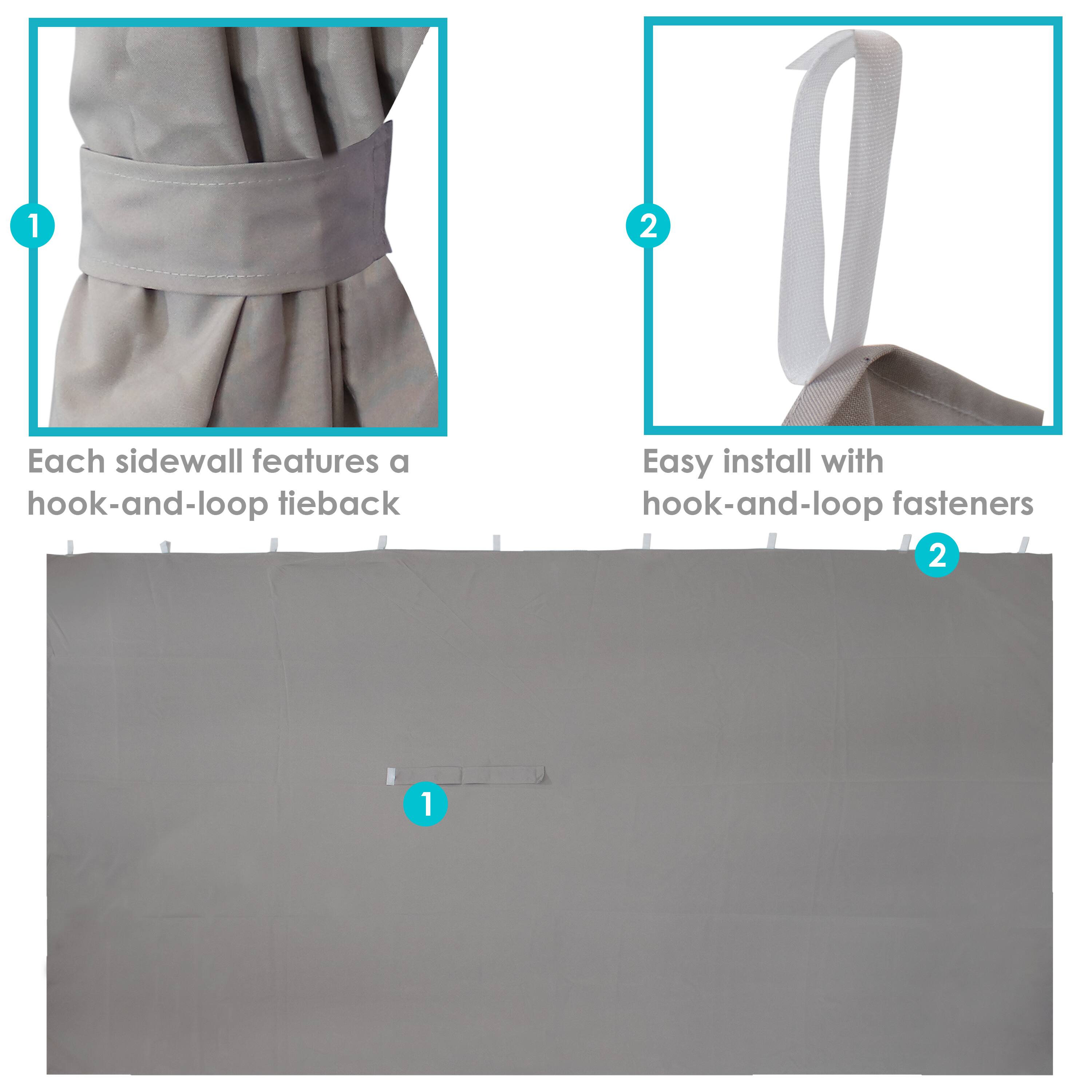 1. Each sidewall features a hook-and-loop tieback.

2. Easy install with hook-and-loop fasteners.