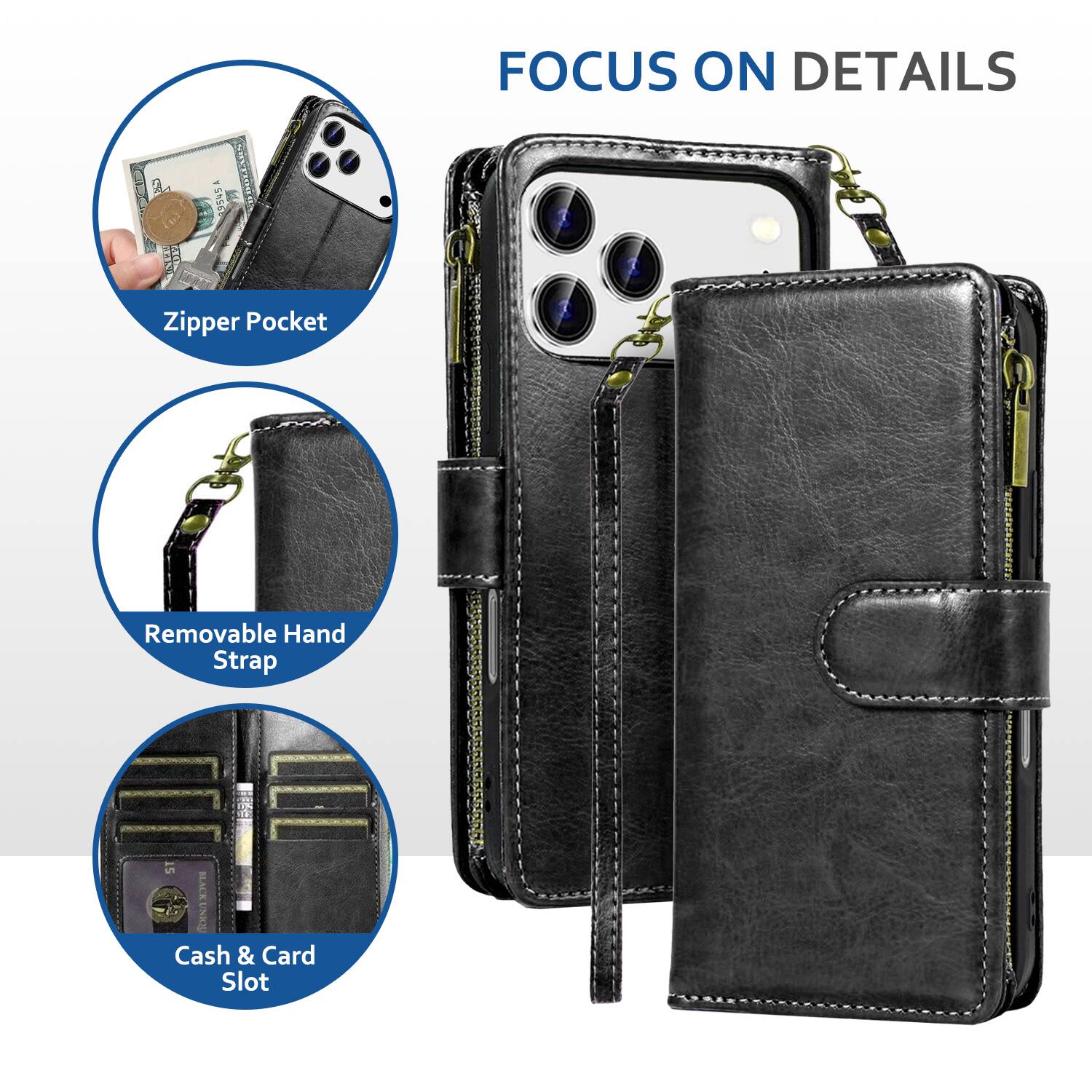 FOCUS ON DETAILS

- Zipper Pocket
- Removable Hand Strap
- Cash & Card Slot