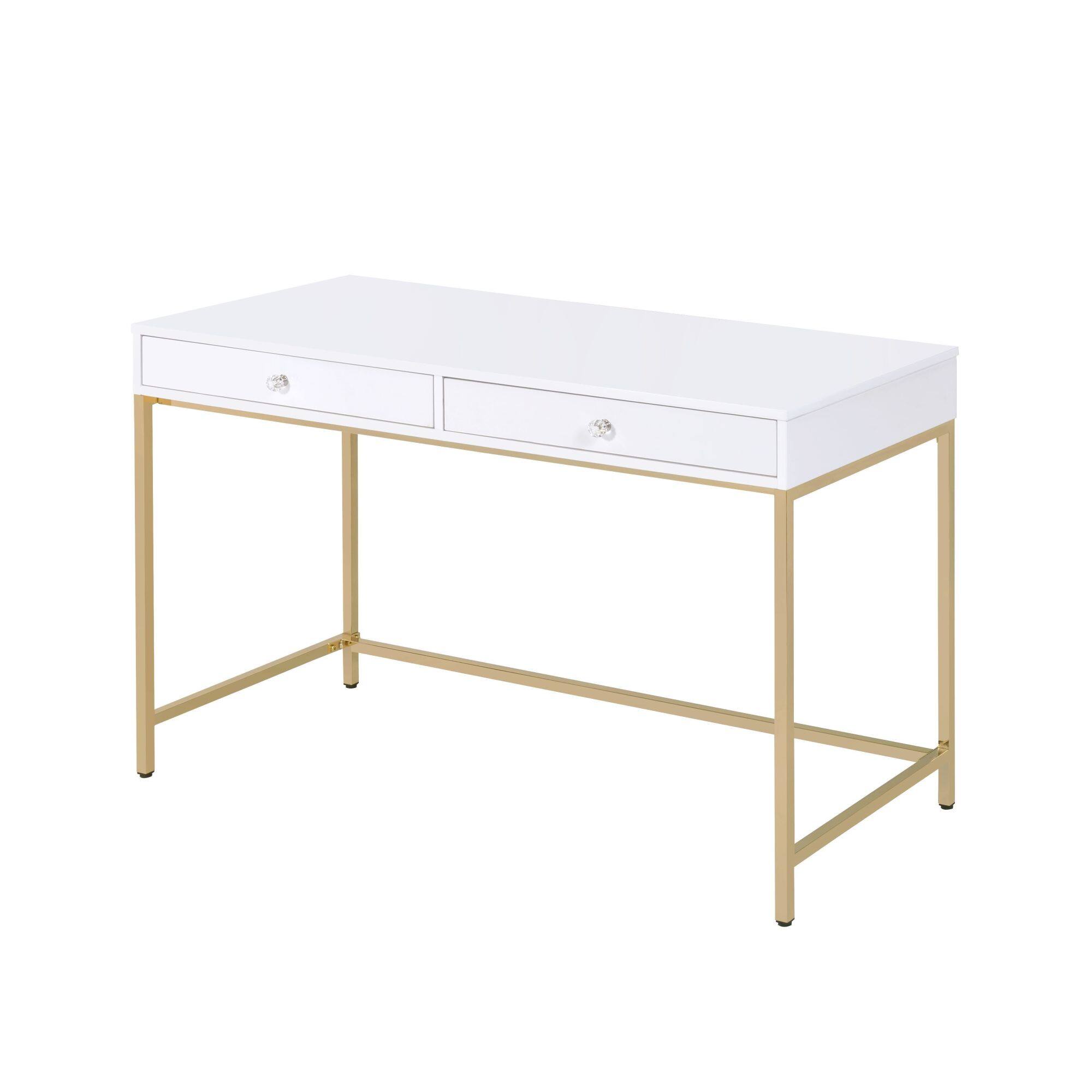 Left. GOODSILO - Contemporary High Gloss Writing Desk with Metal Base and Two Storage Drawers for Modern Office - Gloss White.