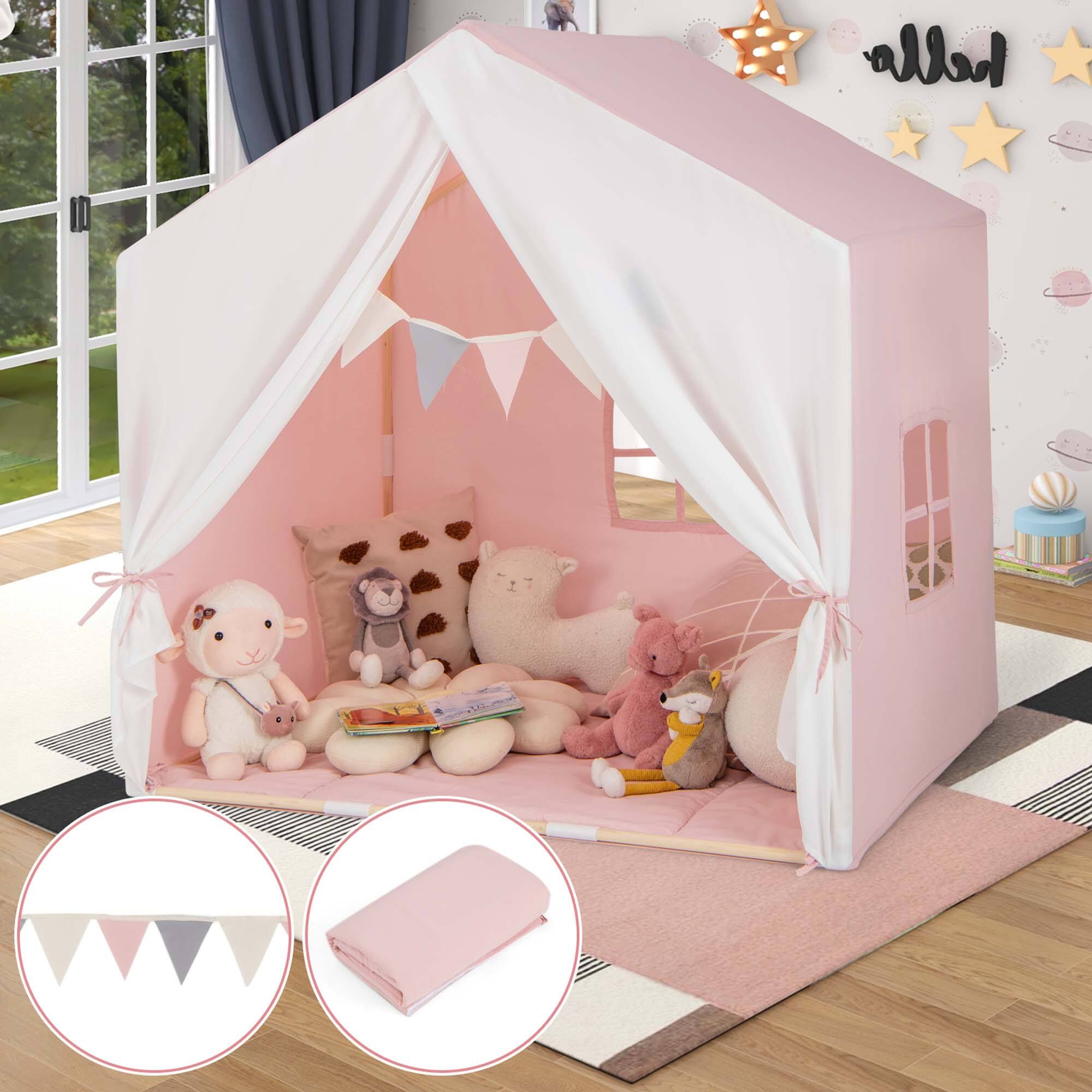 Alt View 1. Costway - Costway Kid's Play Tent Toddler Playhouse Castle Solid Wood Frame with Washable Mat Pink - Pink.