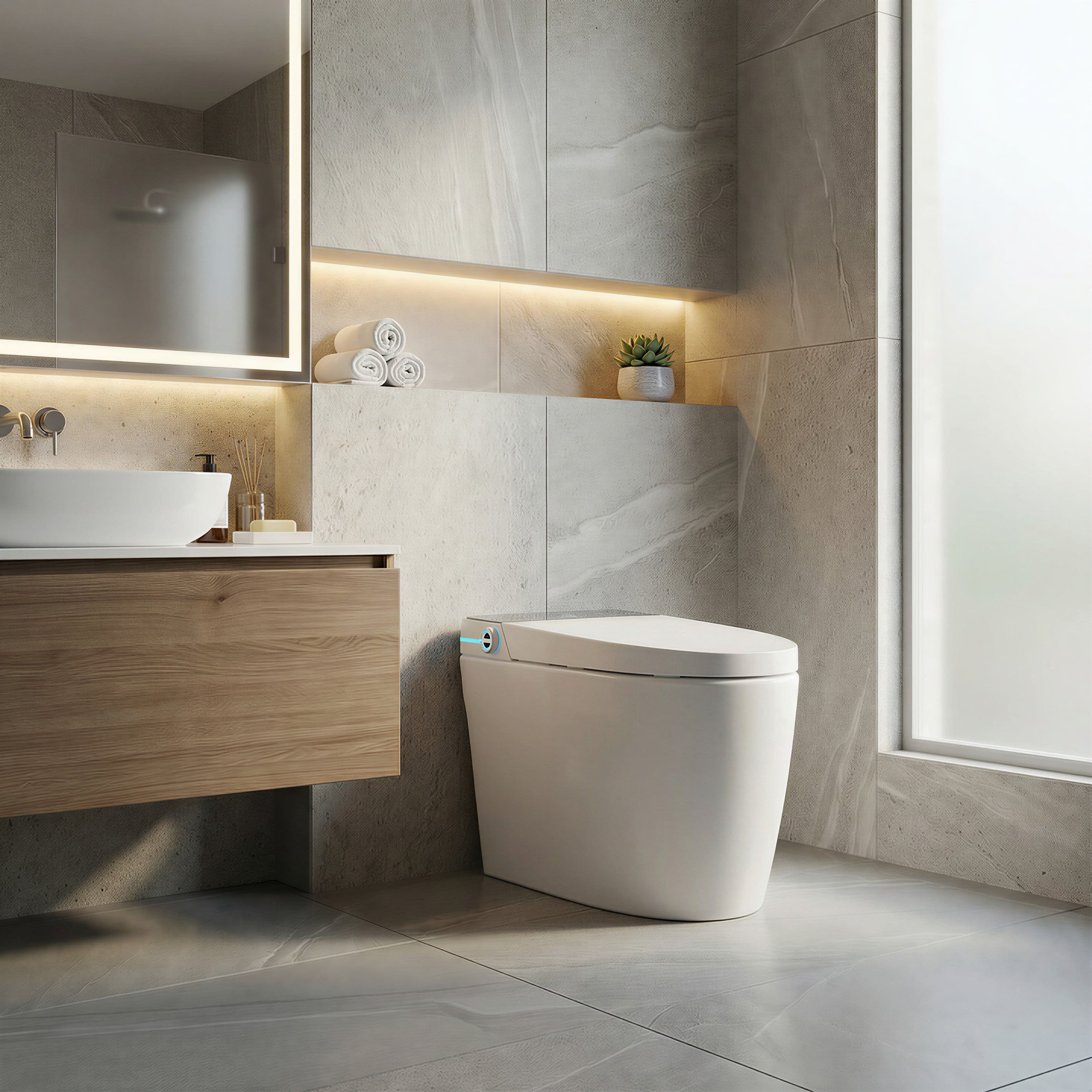 Famapy - Smart Toilet with Auto Open Lid & Foot Sensor - Intelligent One-Piece Bidet Toilet,Heated Seat Warm Water Wash Air Dryer - White