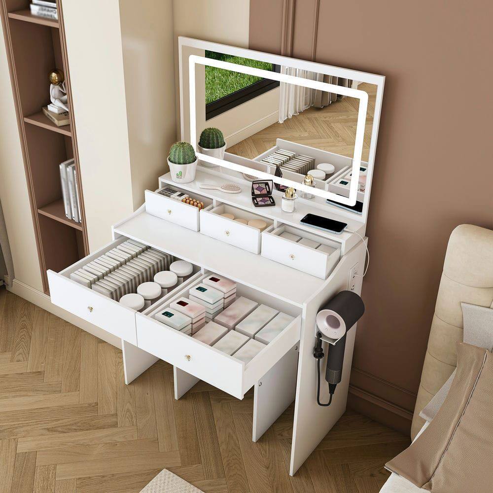 Alt View 2. Kadyn - Large Mirror Vanity Desk, Modern Makeup Vanity Set, 5 Drawers, 3 Lighting Color Adjustable Dressing Table, White - White.
