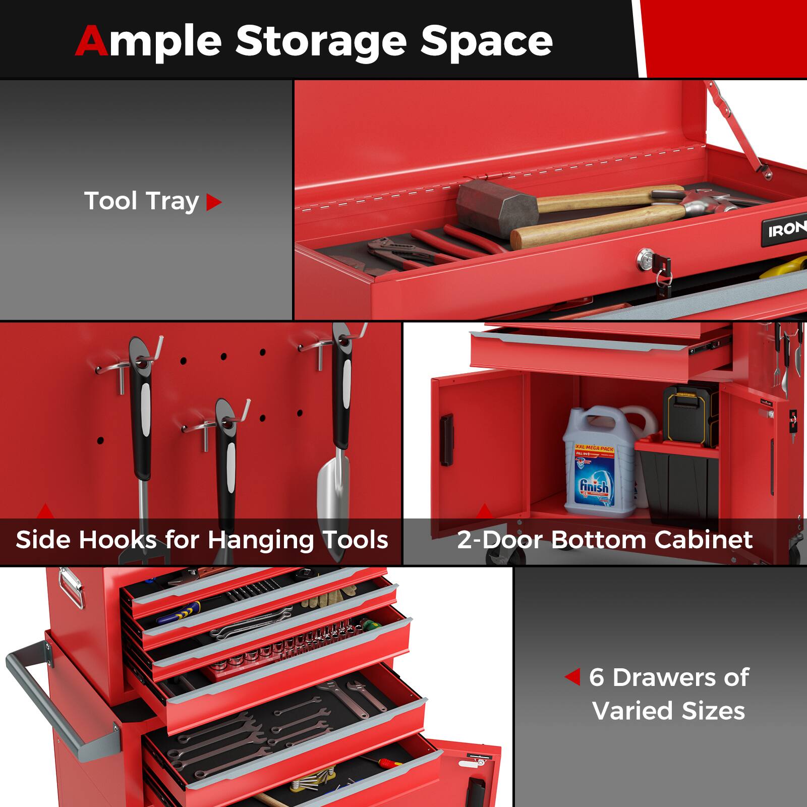 Ample Storage Space Tool Tray IRON ... H S PME - Al - finish - Side Hooks for Hanging Tools 2-Door Bottom Cabinet: 6 Drawers of Varied Sizes