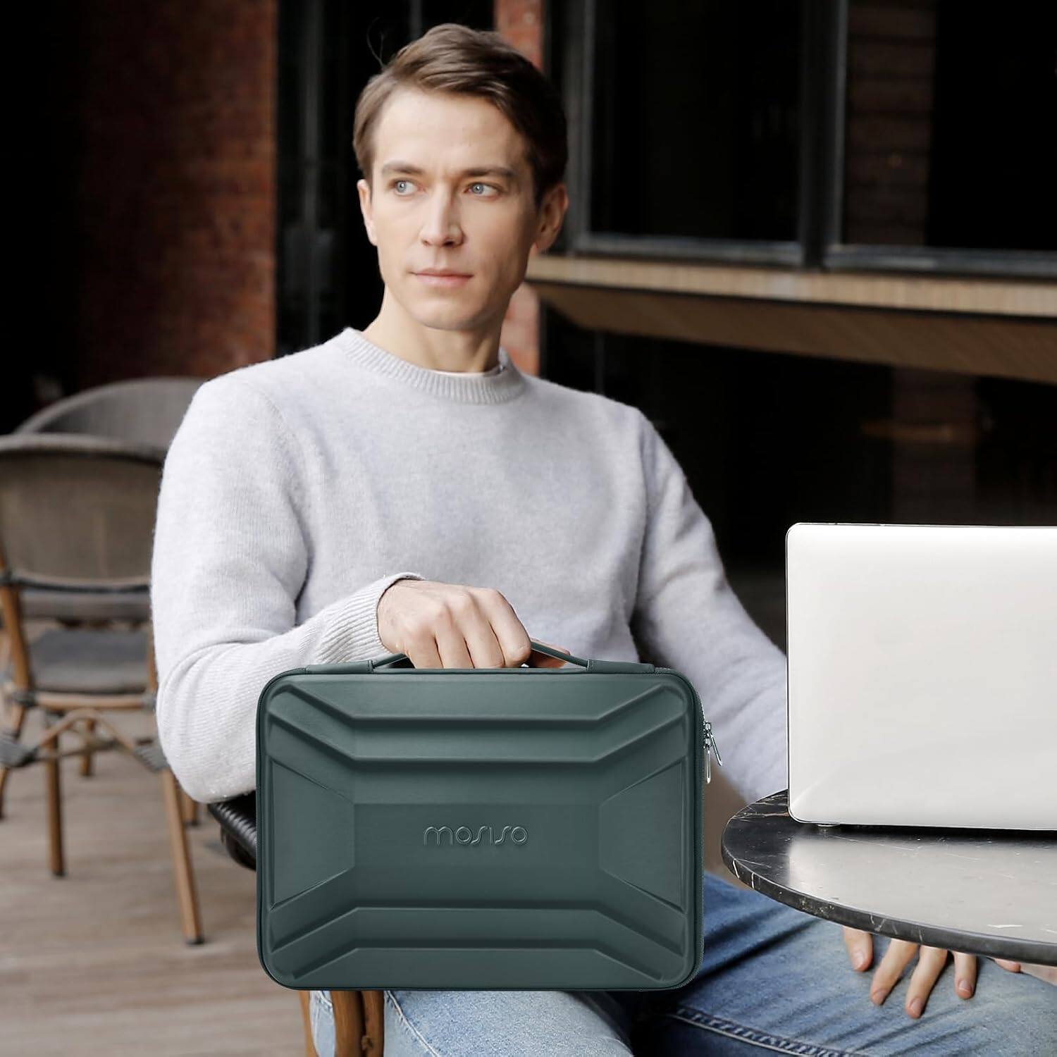 Alt View 2. mosiso - Waterproof Laptop Sleeve 13-14 inch EVA Hard Shell Laptop Carrying Case with Handle for MacBook Air Pro 13 14 HP Dell - Antique Green.