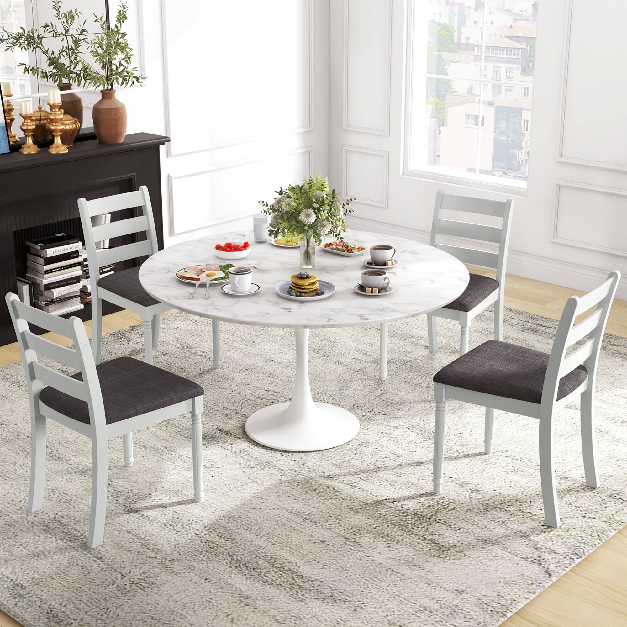 Alt View 8. Gymax - Gymax Wooden Dining Chair Set of 2 w/ Acacia Wood Legs Padded Cushion Ladder Back - White, Gray.