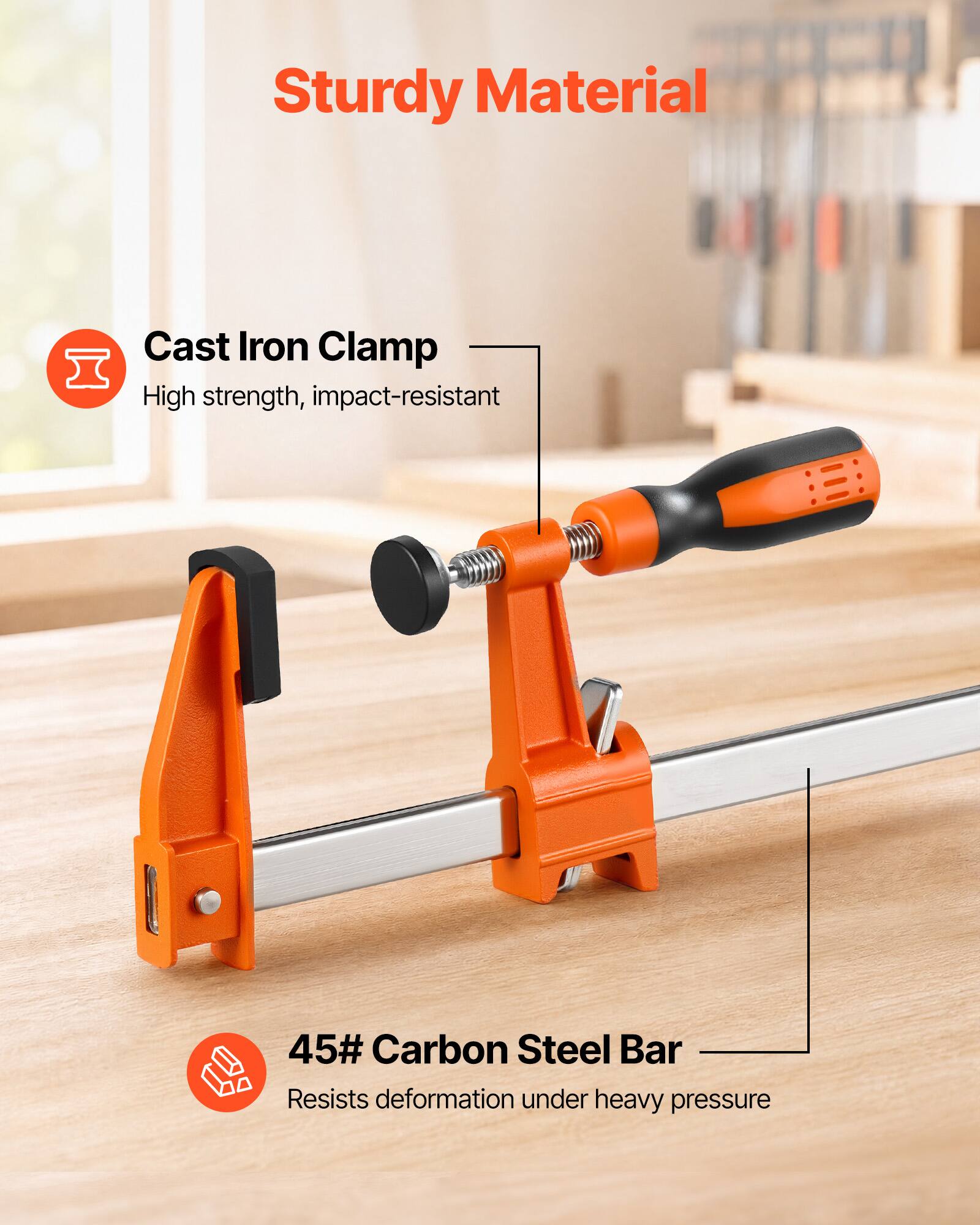 Sturdy Material

Cast Iron Clamp
High strength, impact-resistant

45# Carbon Steel Bar
Resists deformation under heavy pressure